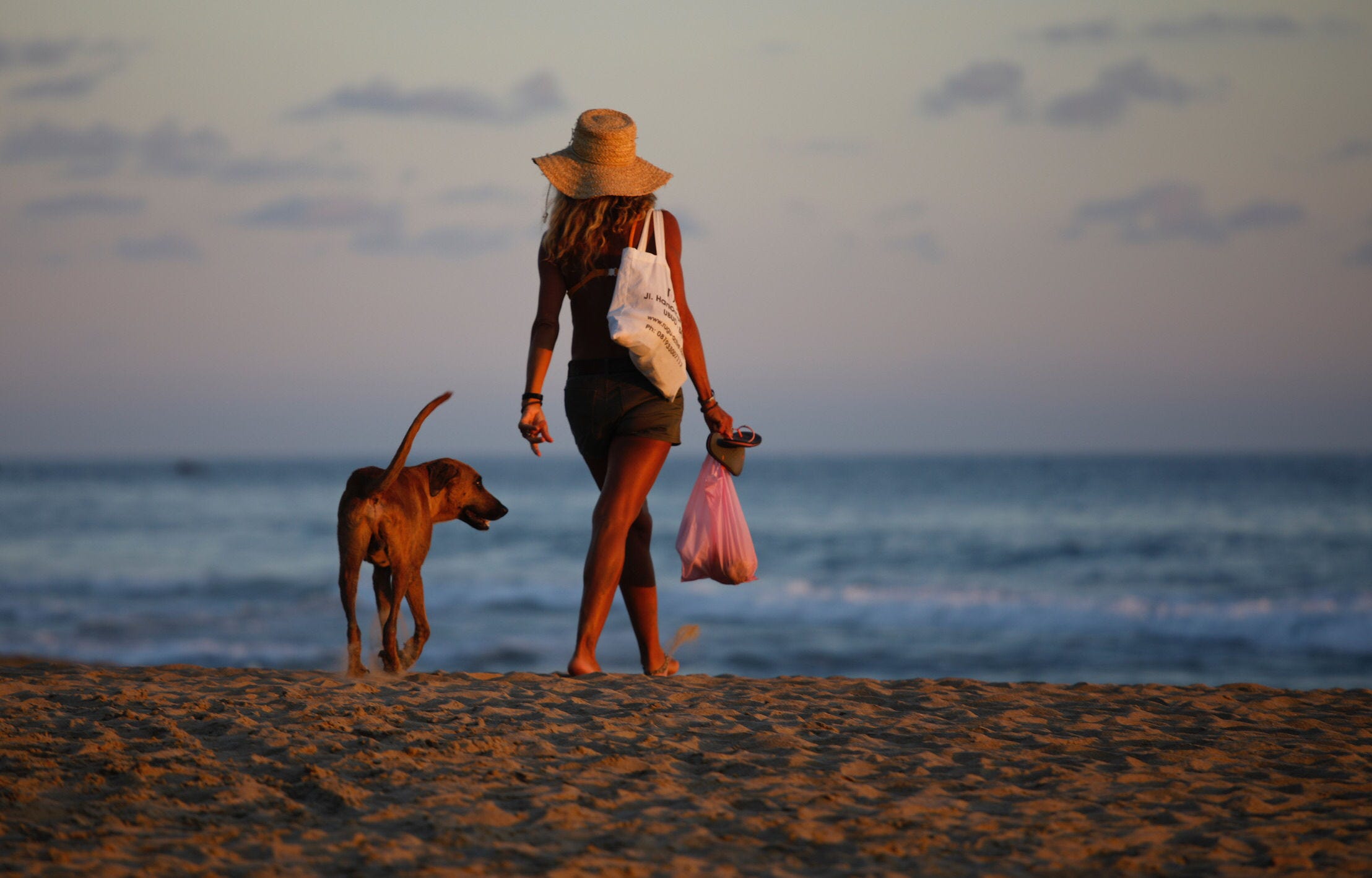 A woman walks with her dog on the beach as the sun sets behind the Pacific Ocean in Zipolite, Oaxaca state, Mexico on Dec. 14, 2017.