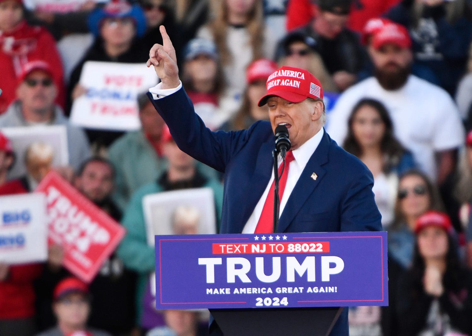 Donald Trump speaks as Trump holds a rally on the beach in Wildwood, NJ on Saturday, May 11, 2024.