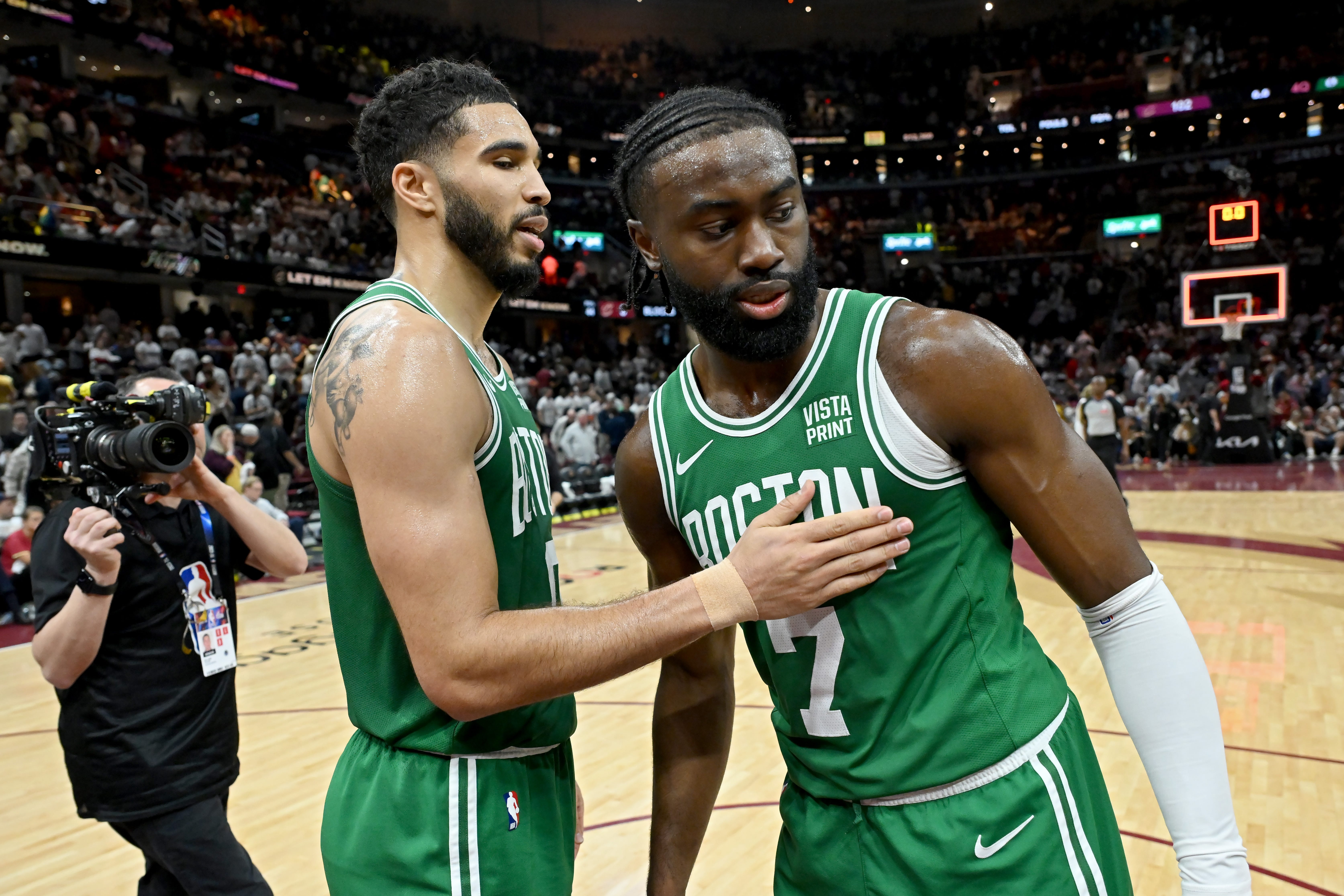CLEVELAND, OHIO - MAY 13: (L-R) Jayson Tatum #0 of the Boston Celtics and Jaylen Brown #7 of the Boston Celtics celebrate after Game Four of the Eastern Conference Second Round Playoffs at Rocket Mortgage Fieldhouse on May 13, 2024 in Cleveland, Ohio. NOTE TO USER: User expressly acknowledges and agrees that, by downloading and or using this photograph, User is consenting to the terms and conditions of the Getty Images License Agreement. (Photo by Nick Cammett/Getty   Images)