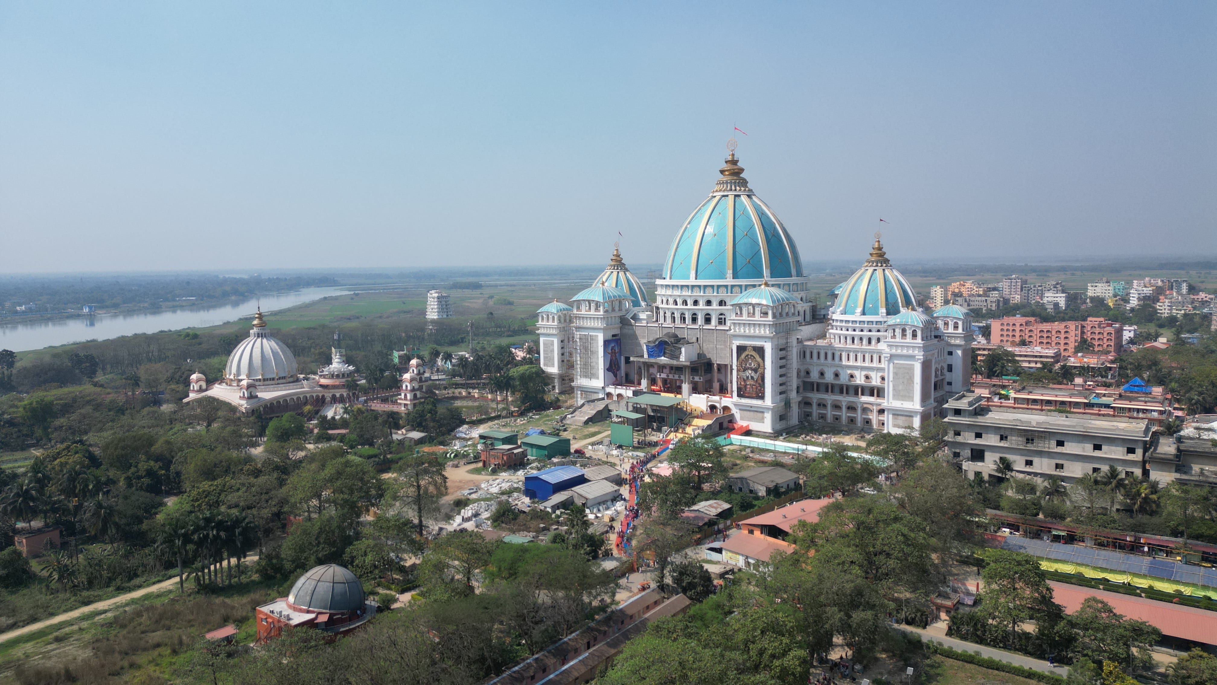 This is an aerial view of the Temple of the Vedic Planetarium in Mayapur, West Bengal, India on March 2, 2024.