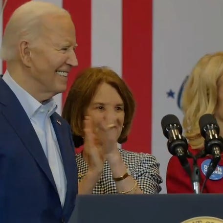 Joe Biden stands at the podium at a campaign event in Pennsylvania. Joe Biden posted a message for Donald Trump on social media, calling him out to debate and saying he wants to do it twice.