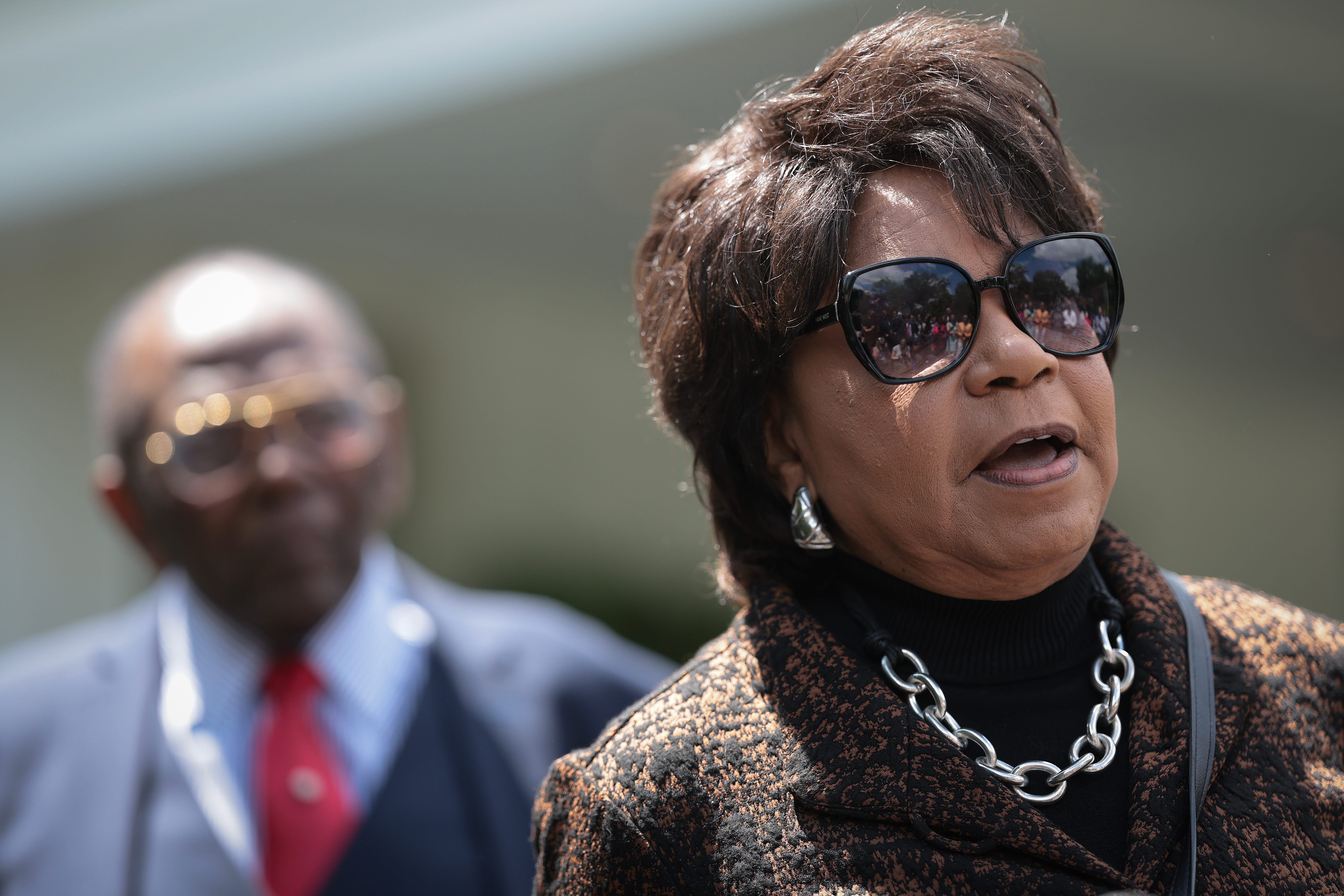 WASHINGTON, DC - MAY 16: Plaintiffs and family members of plaintiffs in the Brown v. Board of Education Supreme Court case Cheryl Brown Henderson (R), and John Stokes (L) speaks outside the White House after meeting with U.S. President Joe Biden on May 16, 2024 in Washington, DC. This week marks the 70th anniversary of the landmark case that ended the segregation of students based on race in the United States. (Photo by Win McNamee/Getty Images) ORG XMIT: 776147573   ORIG FILE ID: 2153262589