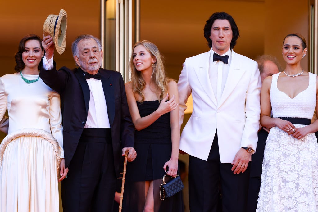 CANNES, FRANCE - MAY 16: Aubrey Plaza, Francis Ford Coppola, Romy Croquet, Adam Driver and Nathalie Emmanuel attend the "Megalopolis" Red Carpet at the 77th annual Cannes Film Festival at Palais des Festivals on May 16, 2024 in Cannes, France. (Photo by Marc Piasecki/FilmMagic) ORG XMIT: 776144785 ORIG FILE ID: 2153299816