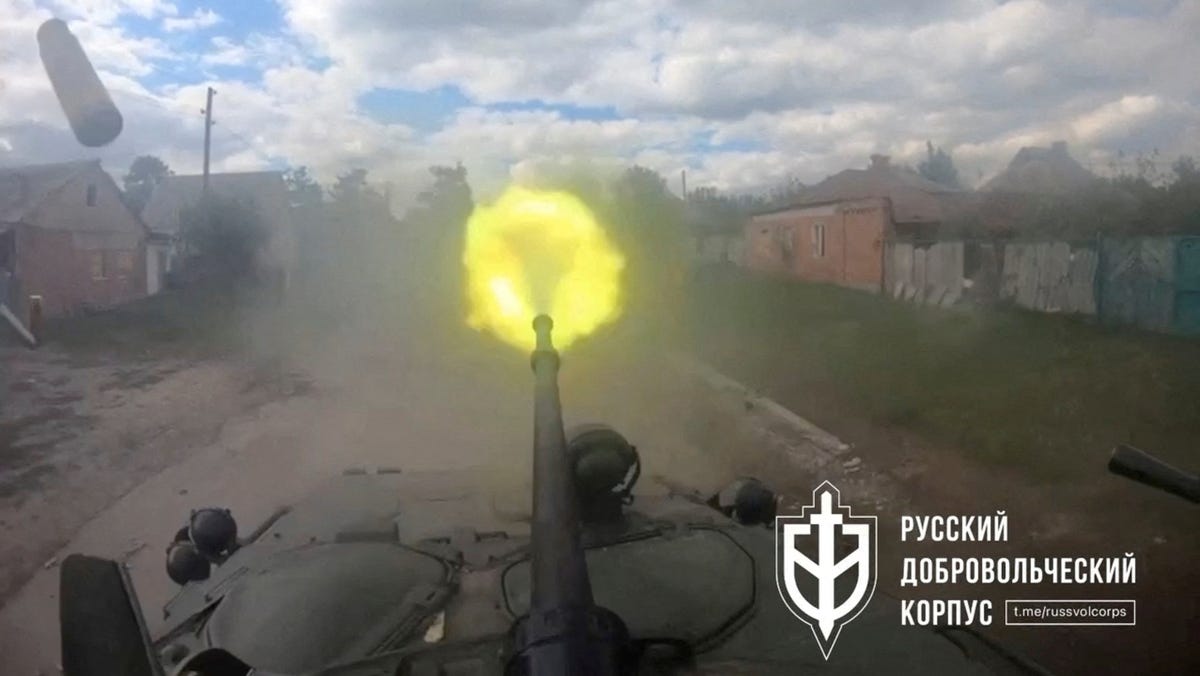 A weapon on an armored vehicle with the Russian Volunteer Corps (RVC), a Ukrainian-backed paramilitary group that purports to be made up of Russians opposed to the Kremlin, is fired in Vovchansk, Kharkiv Oblast, on Ukraine, on May 13, 2024.