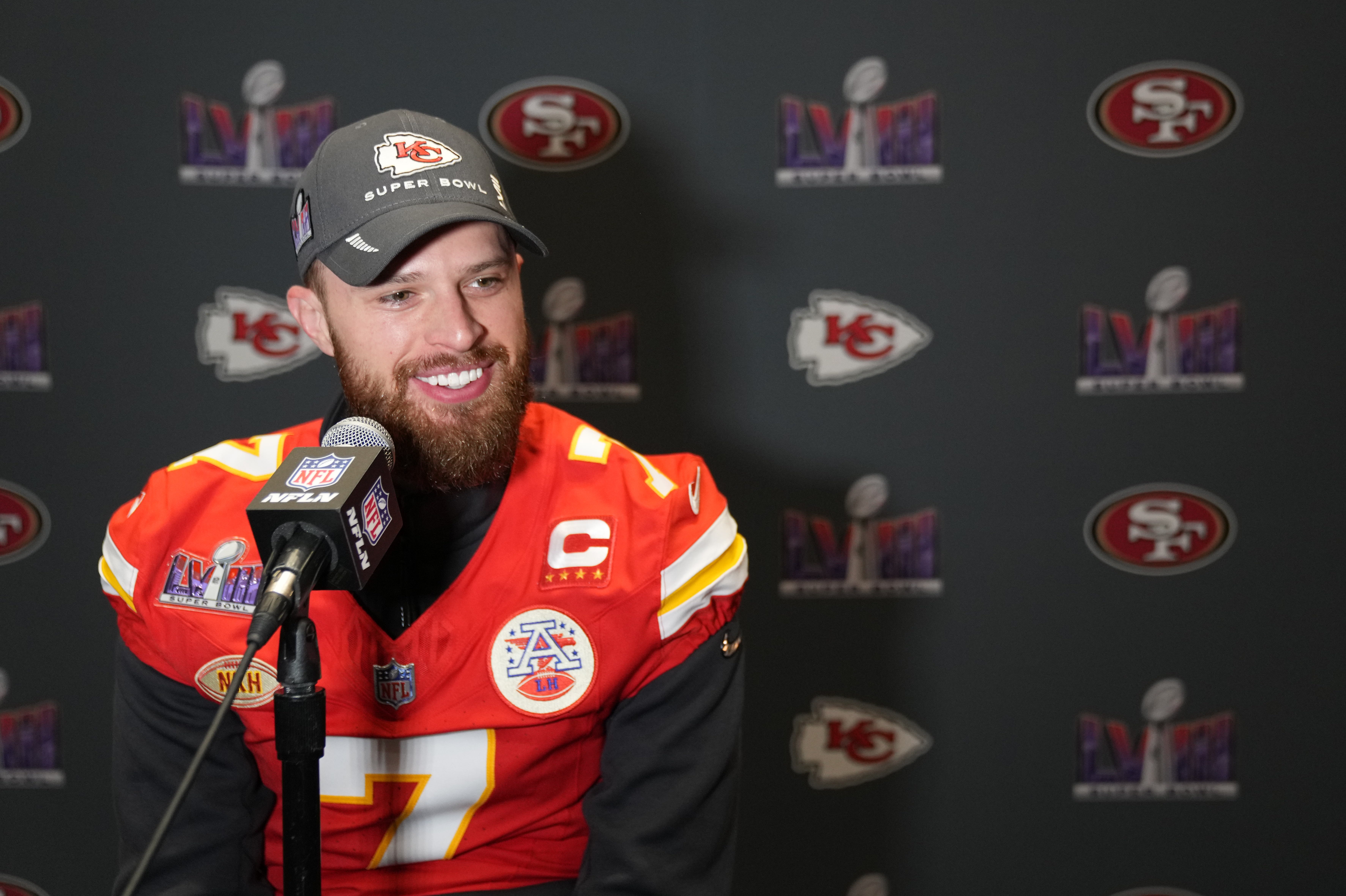 Kansas City Chiefs placekicker Harrison Butker (7) during a press conference before Super Bowl LVIII at Westin Lake Las Vegas Resort and Spa on Feb 8, 2024, in Las Vegas, NV, USA.