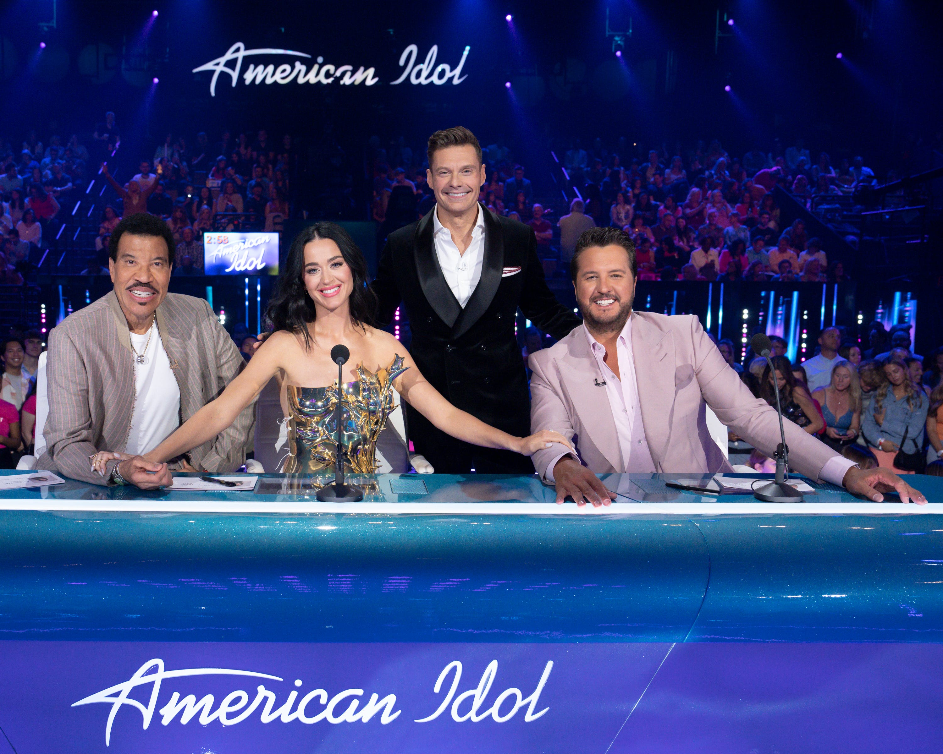 Lionel Richie, Katy Perry, Ryan Seacrest and Luke Bryan pose during the "American Idol" Season 22 finale on May 19, 2024. The episode was Perry's last as a judge after a seven-season stint.