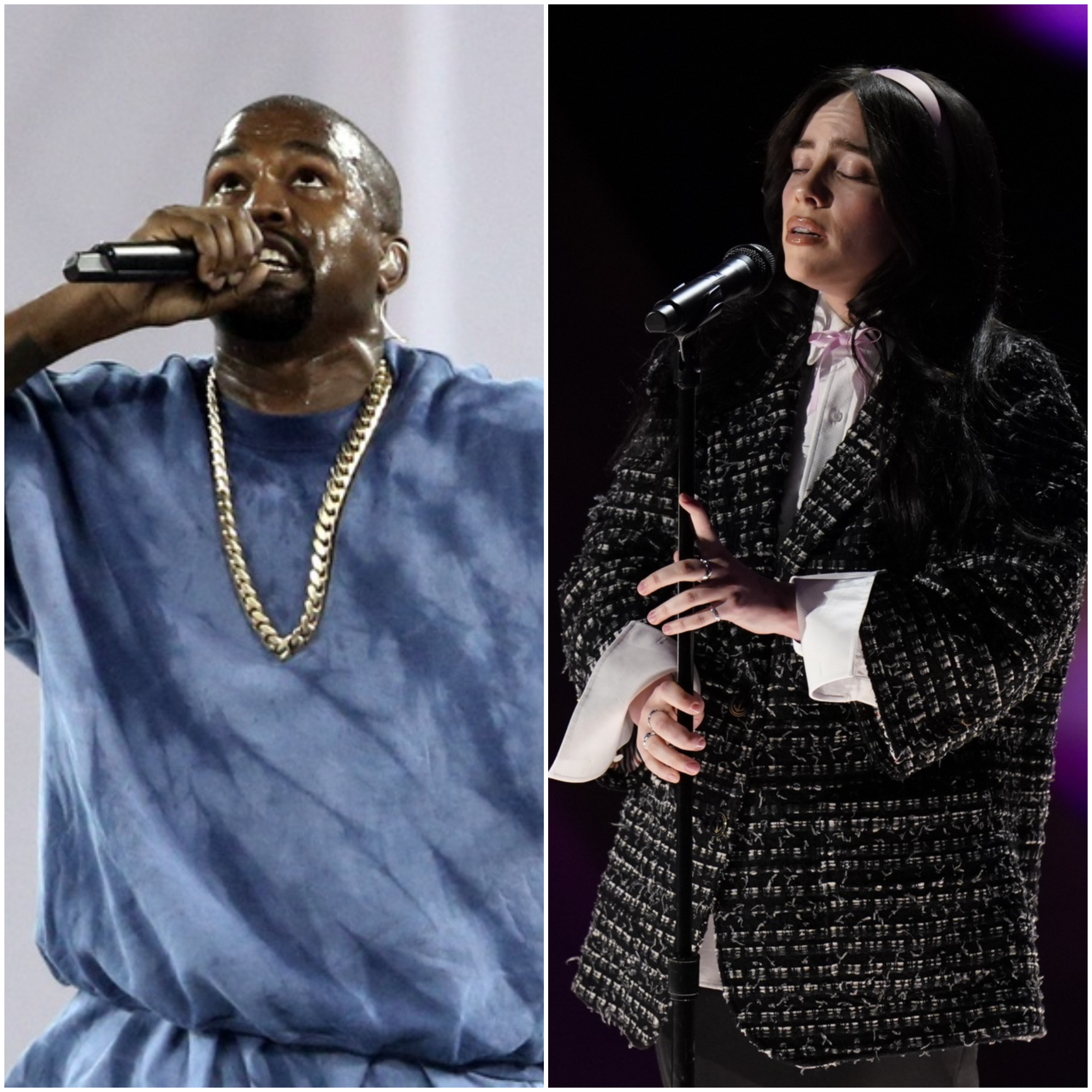 Kanye West performs during the closing ceremony for the 2015 Pan Am Games at Pan Am Ceremonies Venue Jul 26, 2015 in Toronto / Billie Eilish performs "What Was I Made For?" from Barbie during the 96th Oscars at the Dolby Theatre at Ovation Hollywood in Los Angeles on March 10, 2024.
