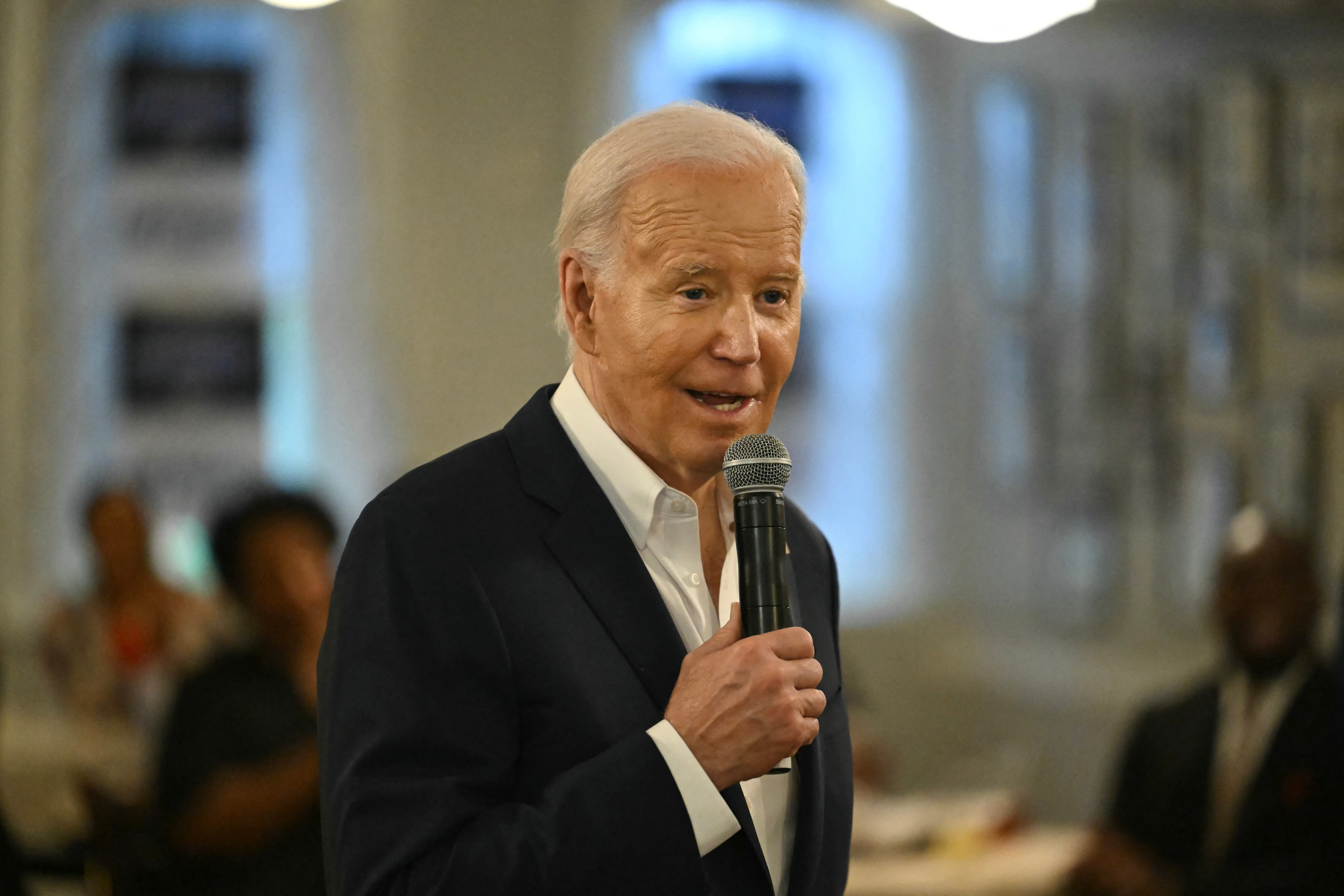 US President Joe Biden speaks to supporters and volunteers during a campaign event at Mary Mac's Tea Room in Atlanta, Georgia on May 18, 2024. Biden is in Georgia for campaign events and is also scheduled to deliver remarks at Morehouse College's graduation cerermony on May 19. (Photo by ANDREW CABALLERO-REYNOLDS / AFP) (Photo by ANDREW CABALLERO-REYNOLDS/AFP via Getty Images)