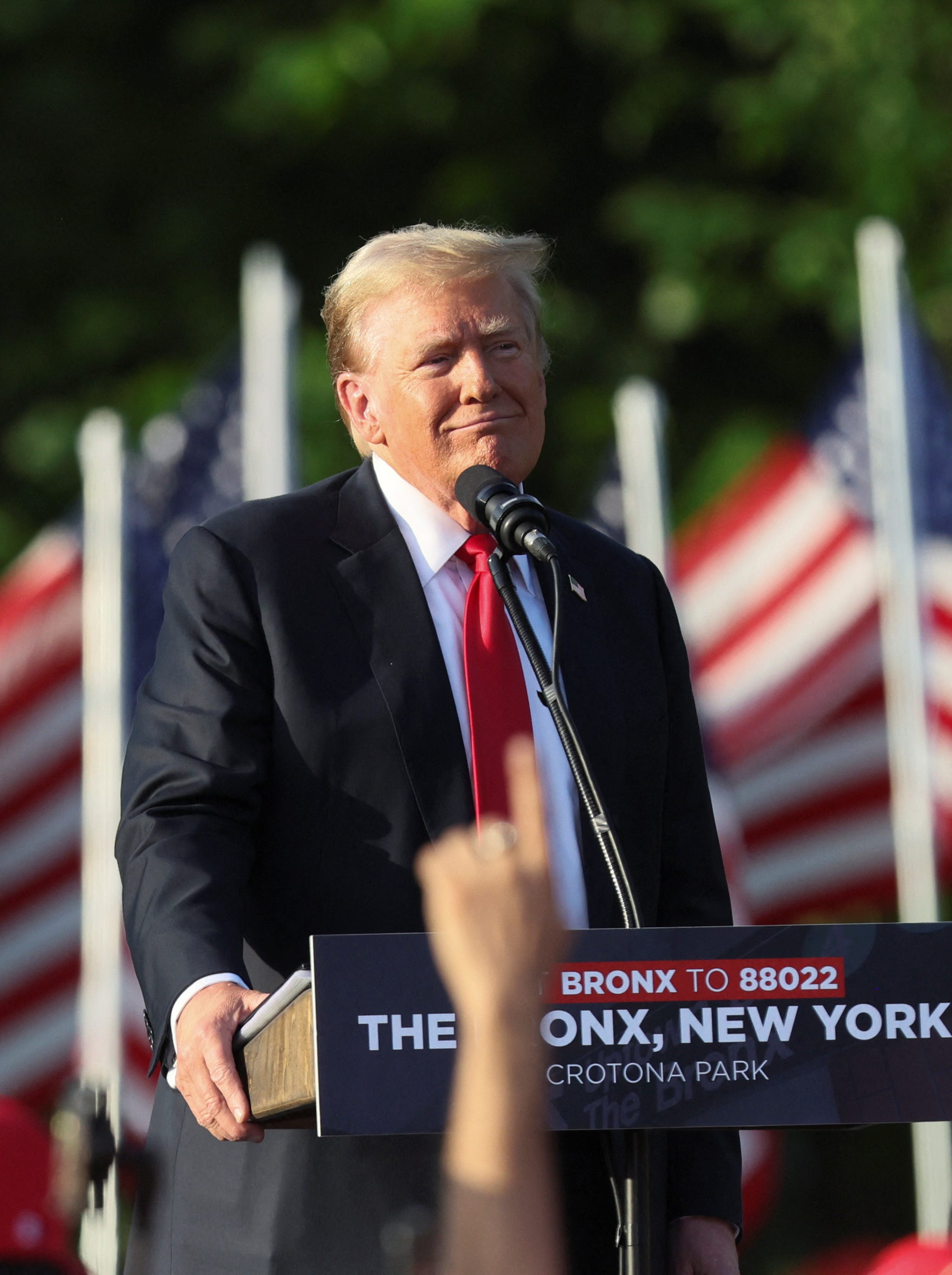 Former U.S. President and Republican presidential candidate Donald Trump holds a campaign rally at Crotona Park in the Bronx borough of New York City on May 23, 2024.