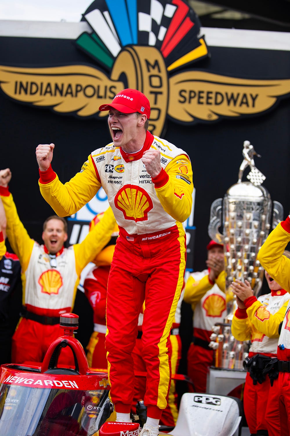 Indycar Series driver Josef Newgarden celebrates after winning the 108th running of the Indianapolis 500 at Indianapolis Motor Speedway.