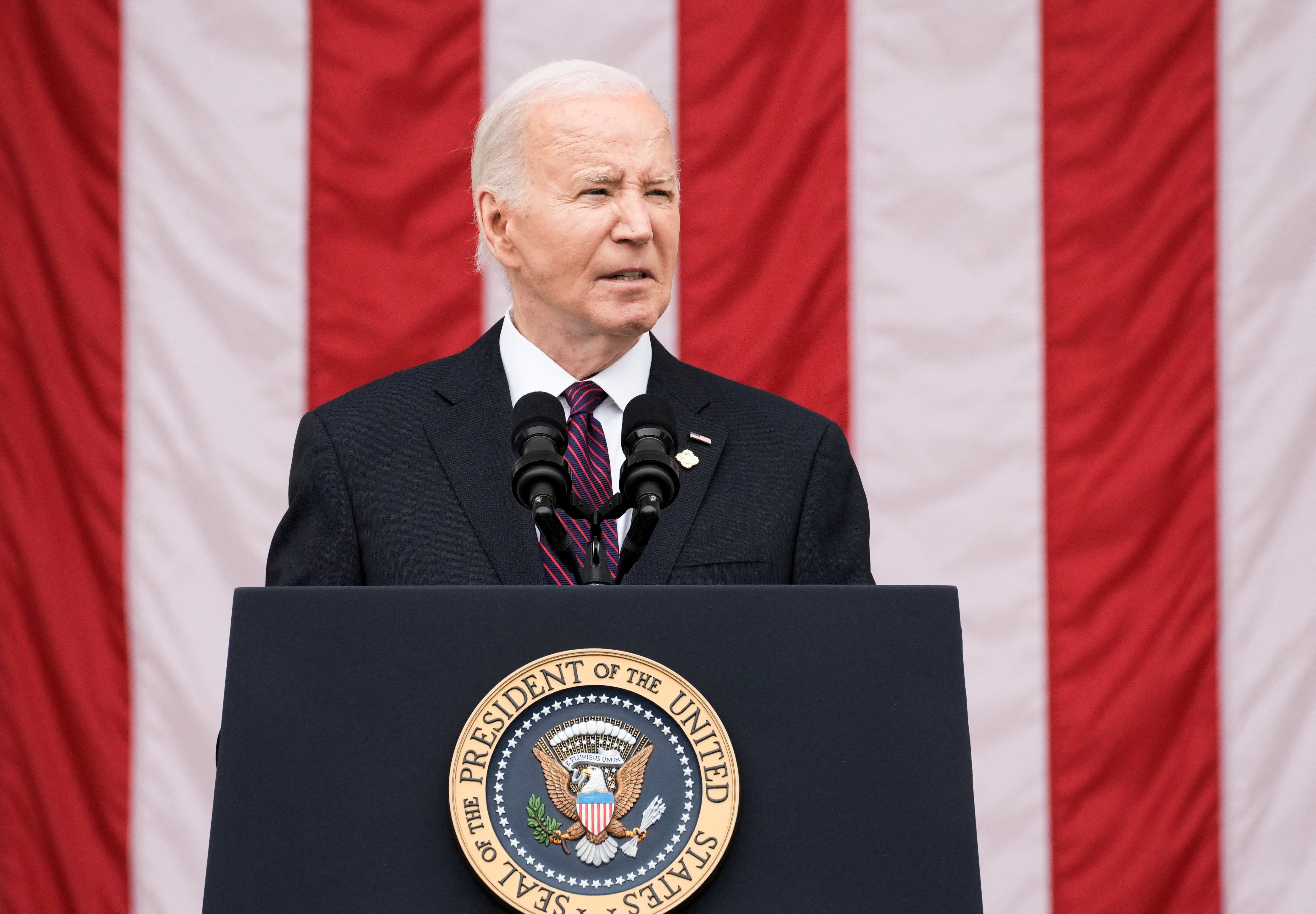 U.S. President Joe Biden speaks during the National Memorial Day Wreath-Laying and Observance Ceremony at Arlington National Cemetery, in Washington, U.S., May 27, 2024. REUTERS/Ken Cedeno