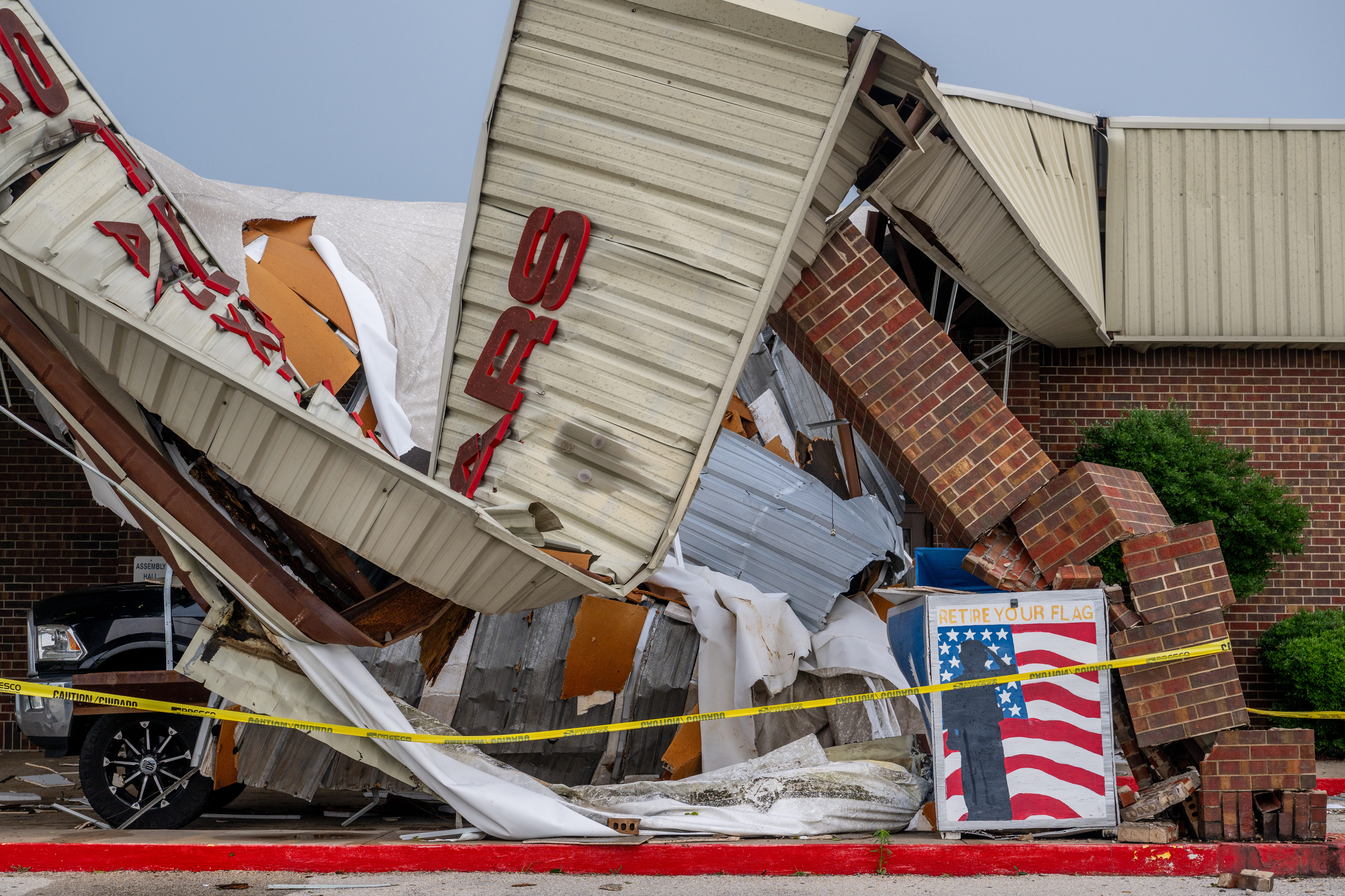 TEMPLE, TEXAS - MAY 23: The exterior of the Veterans of Foreign Wars facility suffered severe damage following a tornado on May 23, 2024 in Temple, Texas. The city of Temple has reported widespread damage after a tornado moved through its county Wednesday evening. (Photo by Brandon Bell/Getty Images)