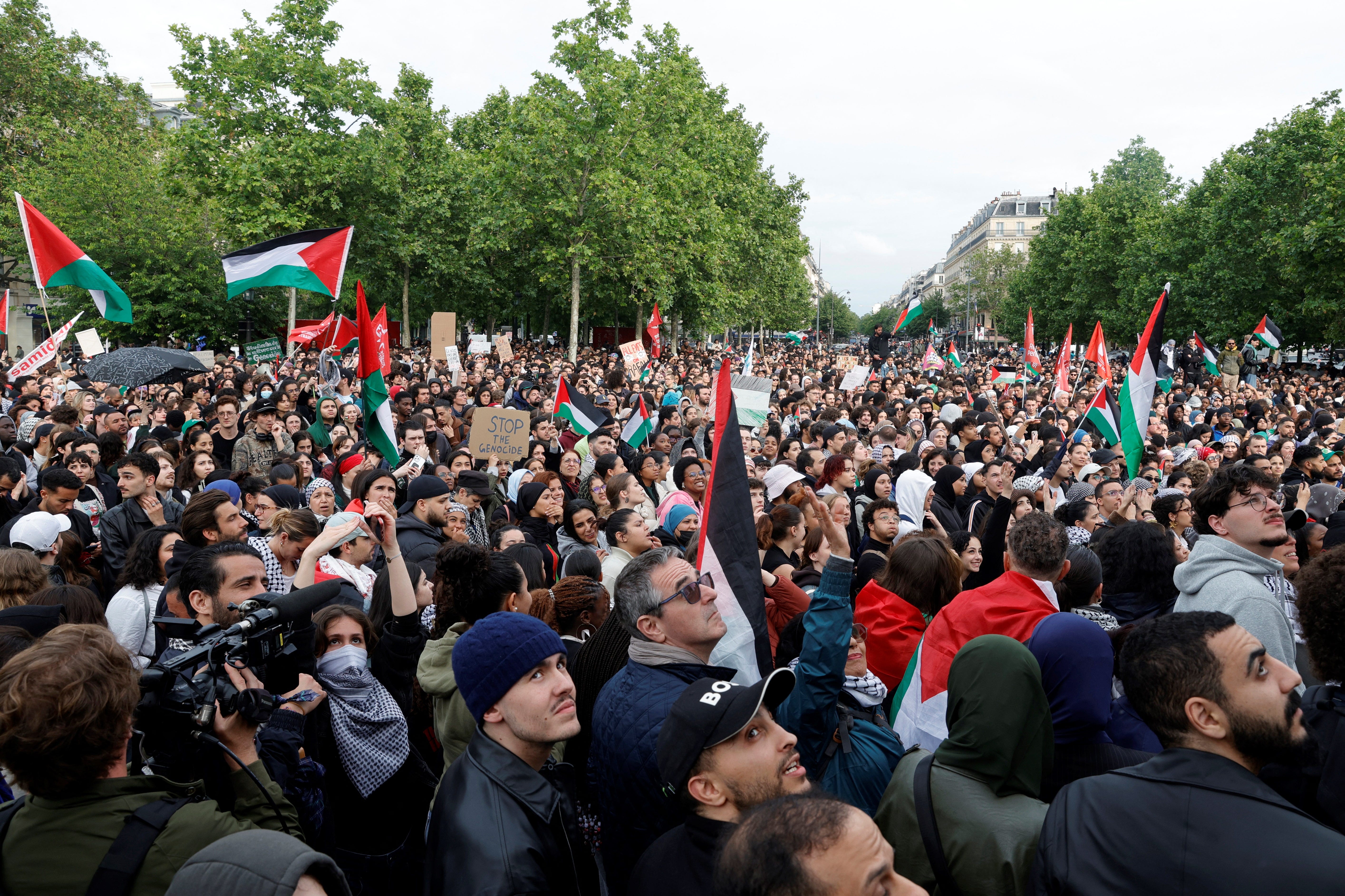 People gather at Republic square in Paris on May 28, 2024 to show support to Palestinians after Gaza's civil defence agency said an Israeli strike on a displacement camp west of Rafah today killed 45 people, days after a similar strike that sparked global outrage.
