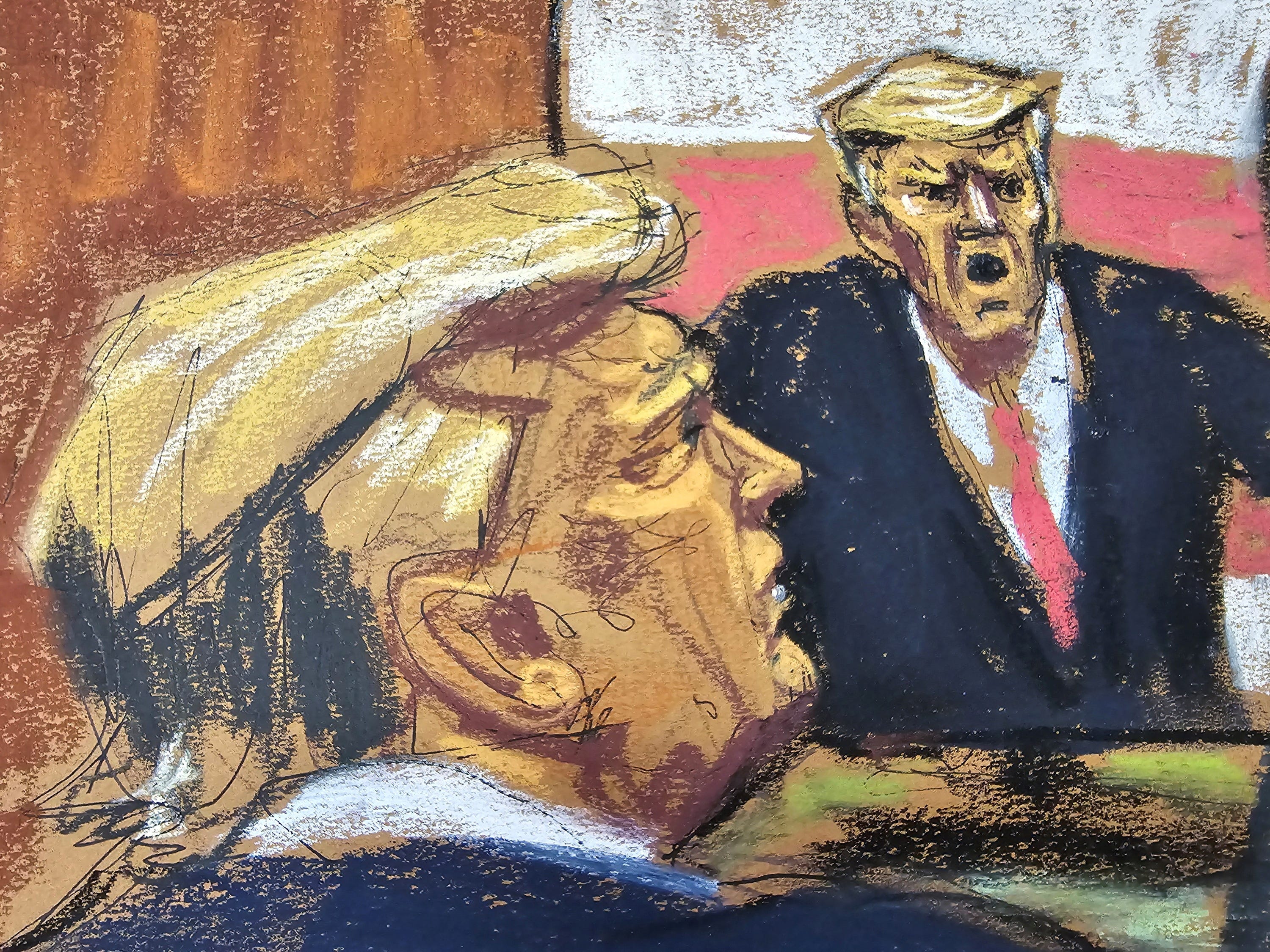 In this courtroom sketch, Donald Trump looks on as prosecutor Joshua Steinglass shows a C-SPAN video clip of Trump in Greensboro, on a screen during Trump's criminal trial on charges that he falsified business records to conceal money paid to silence porn star Stormy Daniels in 2016, in Manhattan state court in New York City, U.S. May 28, 2024 in this courtroom sketch.