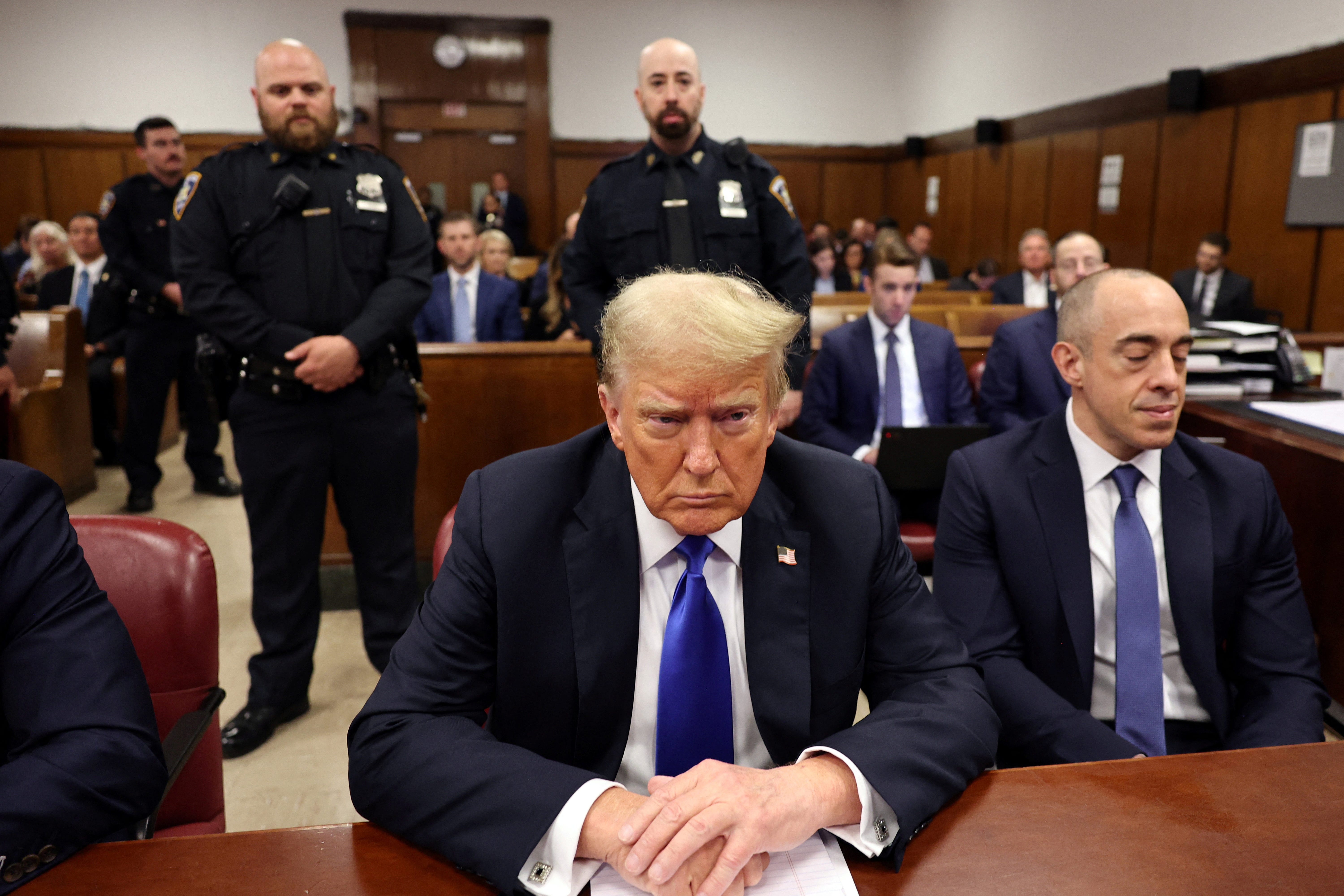 Former President Donald Trump sits in the courtroom during his hush money trial at Manhattan Criminal Court on May 30, 2024 in New York City. The second day of jury deliberations in the hush money trial of the former president are underway.
