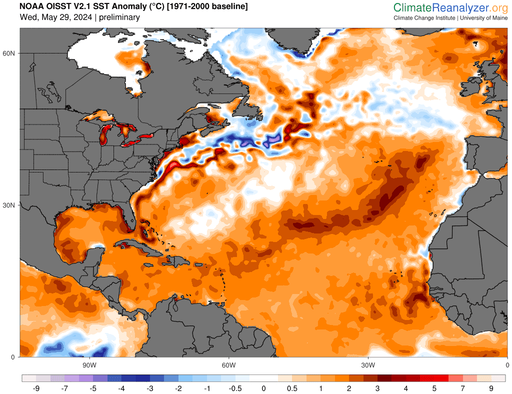 Areas of warmer than normal sea surface temperatures – known as anomalies – are seen across the Atlantic on May 29, 2024, in this graphic from ClimateReanalyzer.org, a project of the Climate Change Institute at the University of Maine, based on NOAA satellite data.