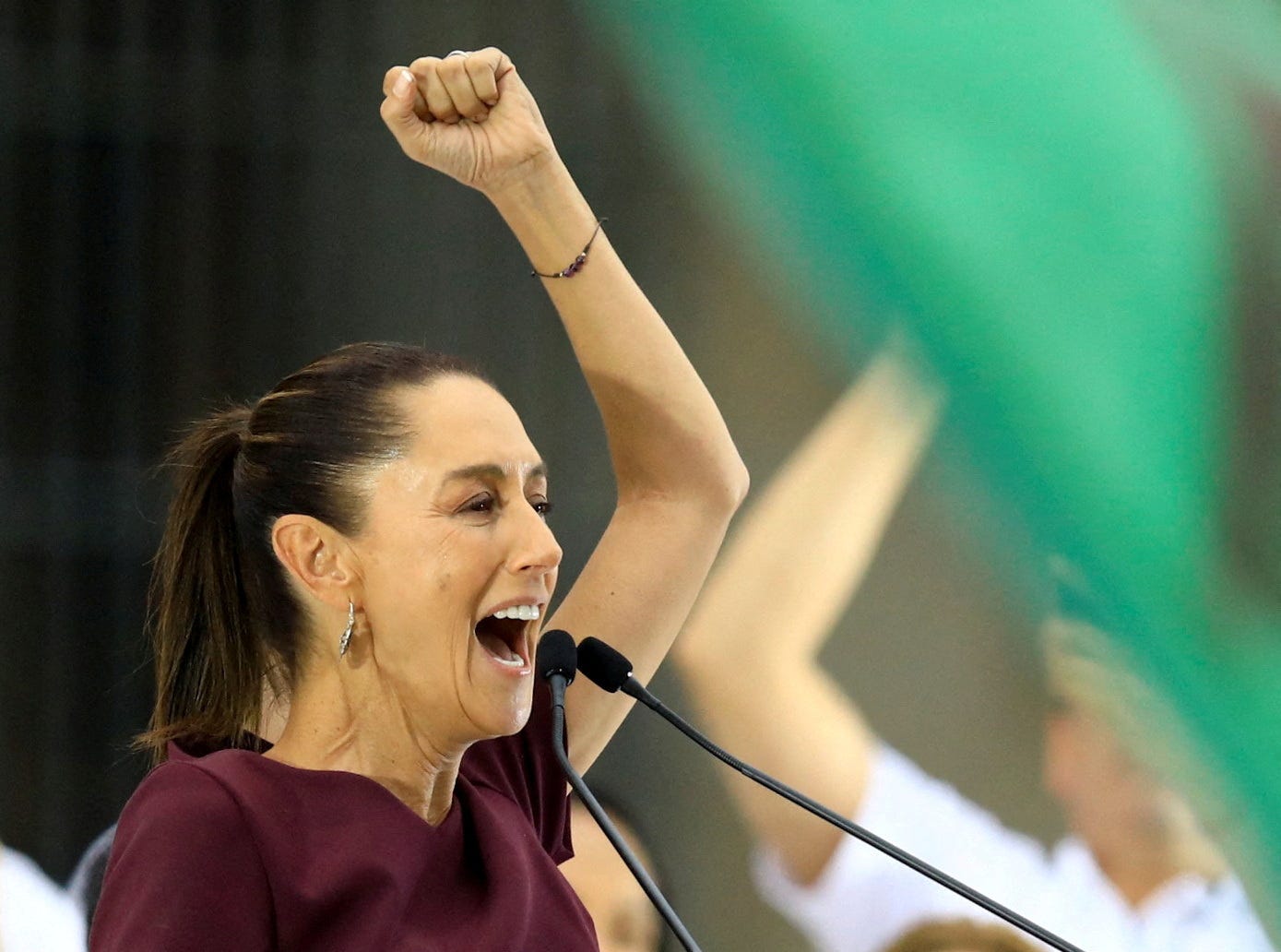 Presidential candidate of the ruling MORENA party Claudia Sheinbaum raises a fist as she delivers a speech during her closing campaign rally at Zocalo Square, in Mexico City, Mexico, May 29, 2024.