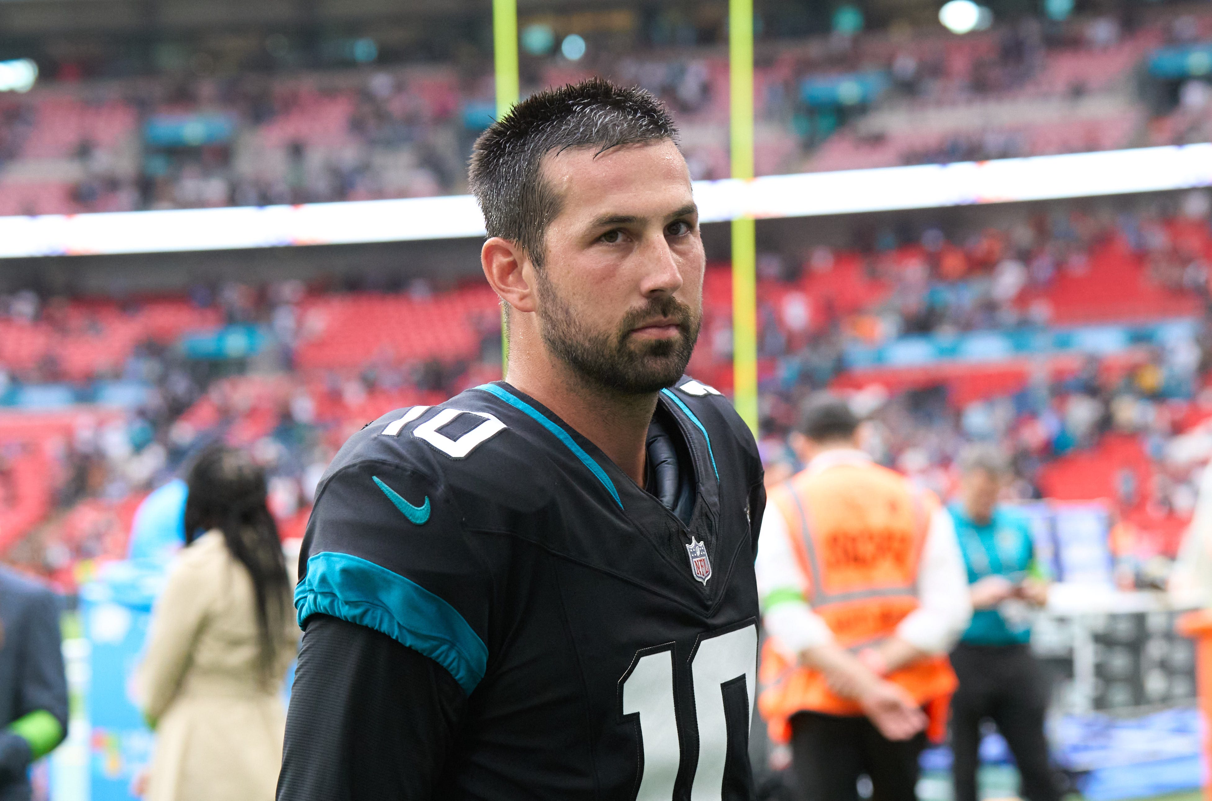 Jacksonville Jaguars place kicker Brandon McManus (10) leaves the field after the second half of an NFL International Series game at Wembley Stadium.