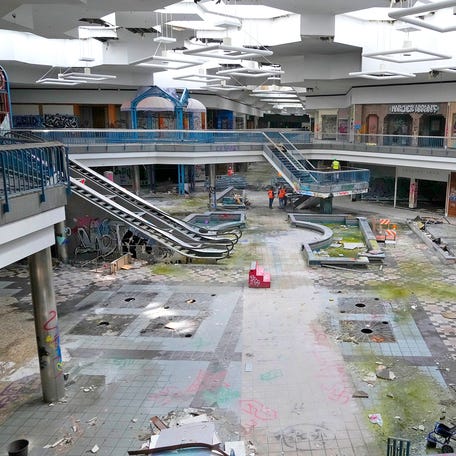 Inside the former Northridge Mall in Milwaukee in 2024. Exterior demolition work has started on the mall as a precursor to the entire mall being razed to make way for new development.