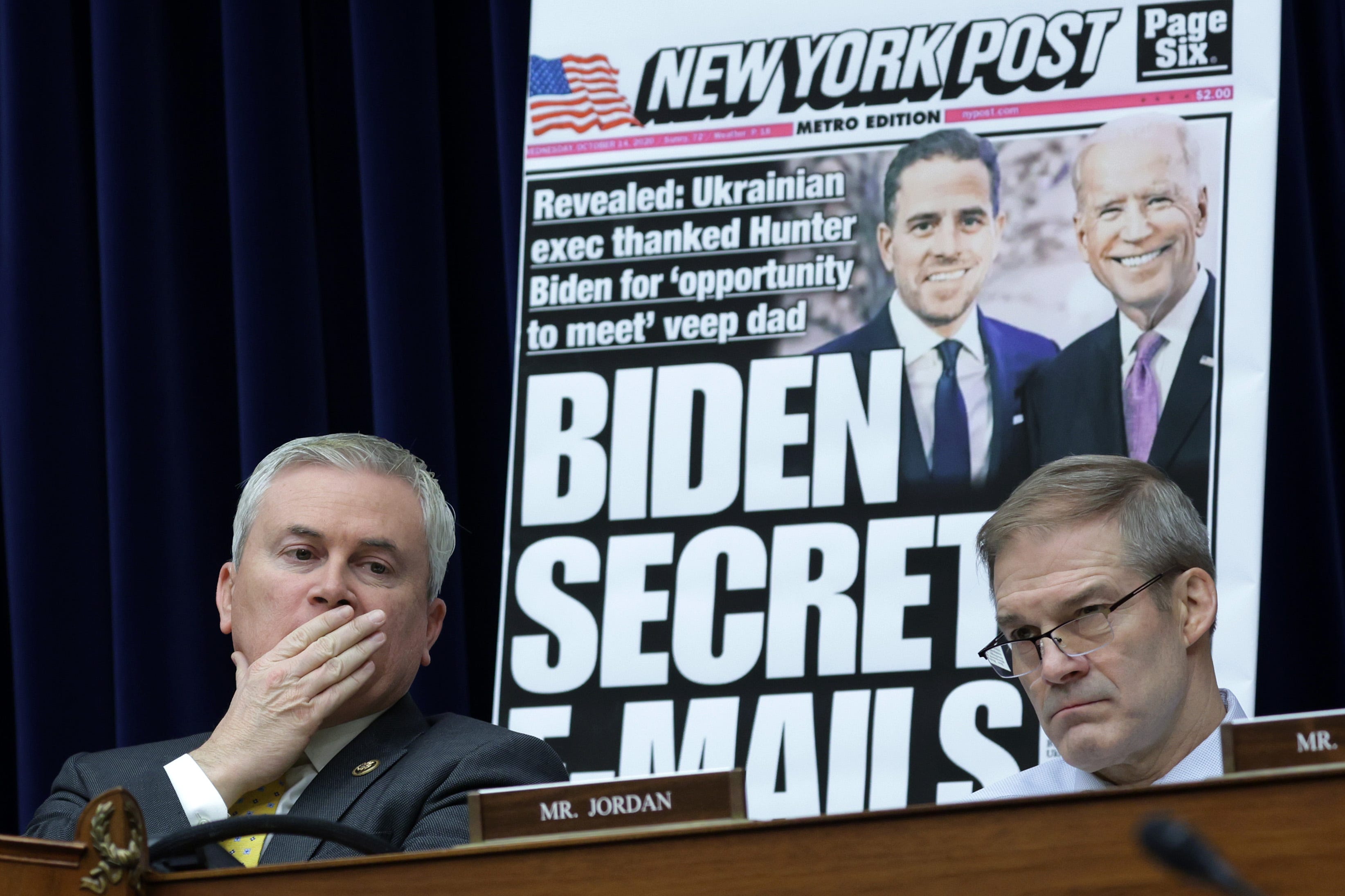 With a poster of a New York Post front page story about Hunter Biden'ss emails on display, Committee Chairman Rep. James Comer (R-KY) and Rep. Jim Jordon (R-OH) listen during a hearing before the House Oversight and Accountability Committee at Rayburn House Office Building on Capitol Hill on February 8, 2023 in Washington, DC. The committee held a hearing on "Protecting Speech from Government Interference and Social Media Bias, Part 1: Twitter's Role in   Suppressing the Biden Laptop Story."
