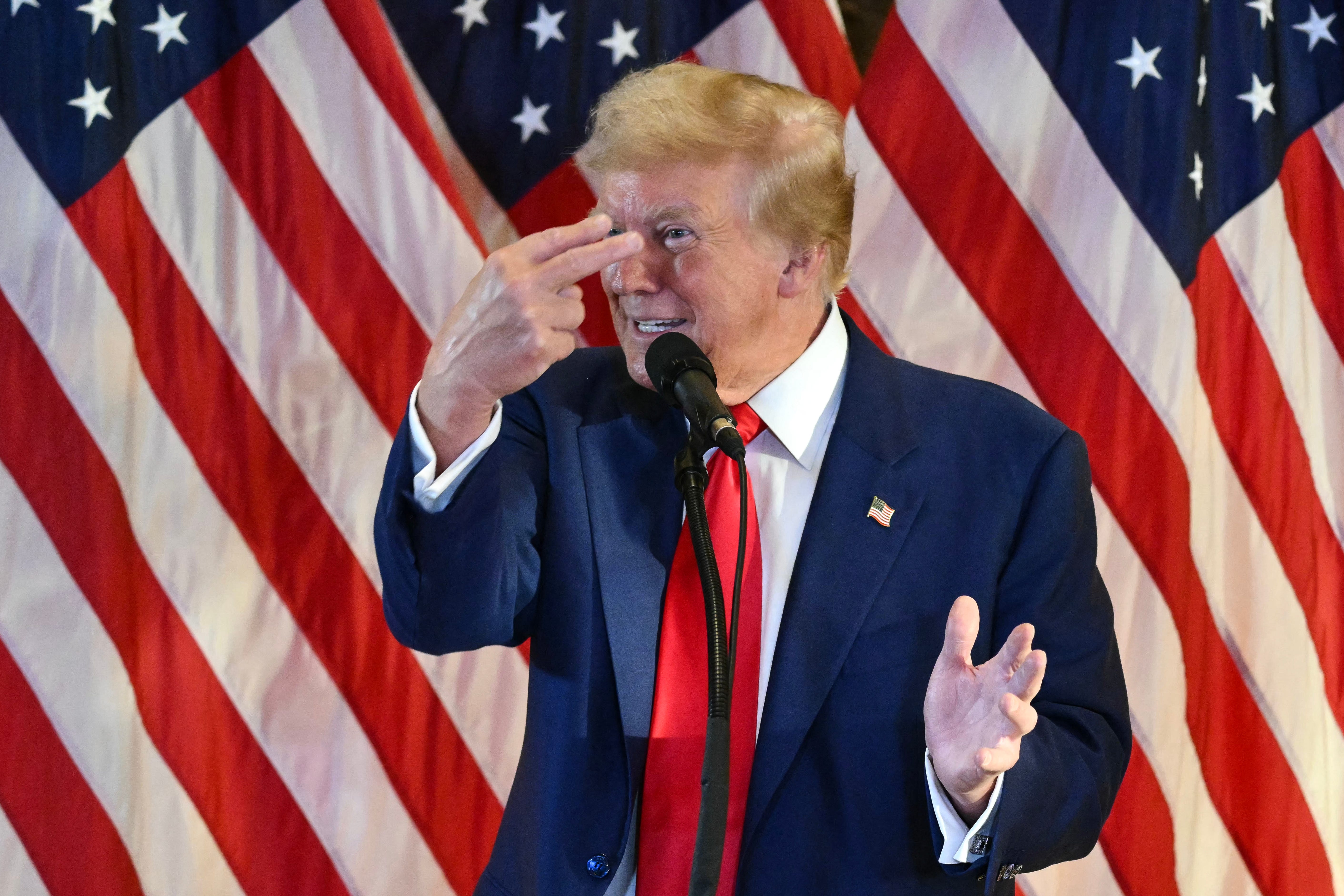 Former President Donald Trump gestures during a news conference at Trump Tower in New York City on May 31, 2024.