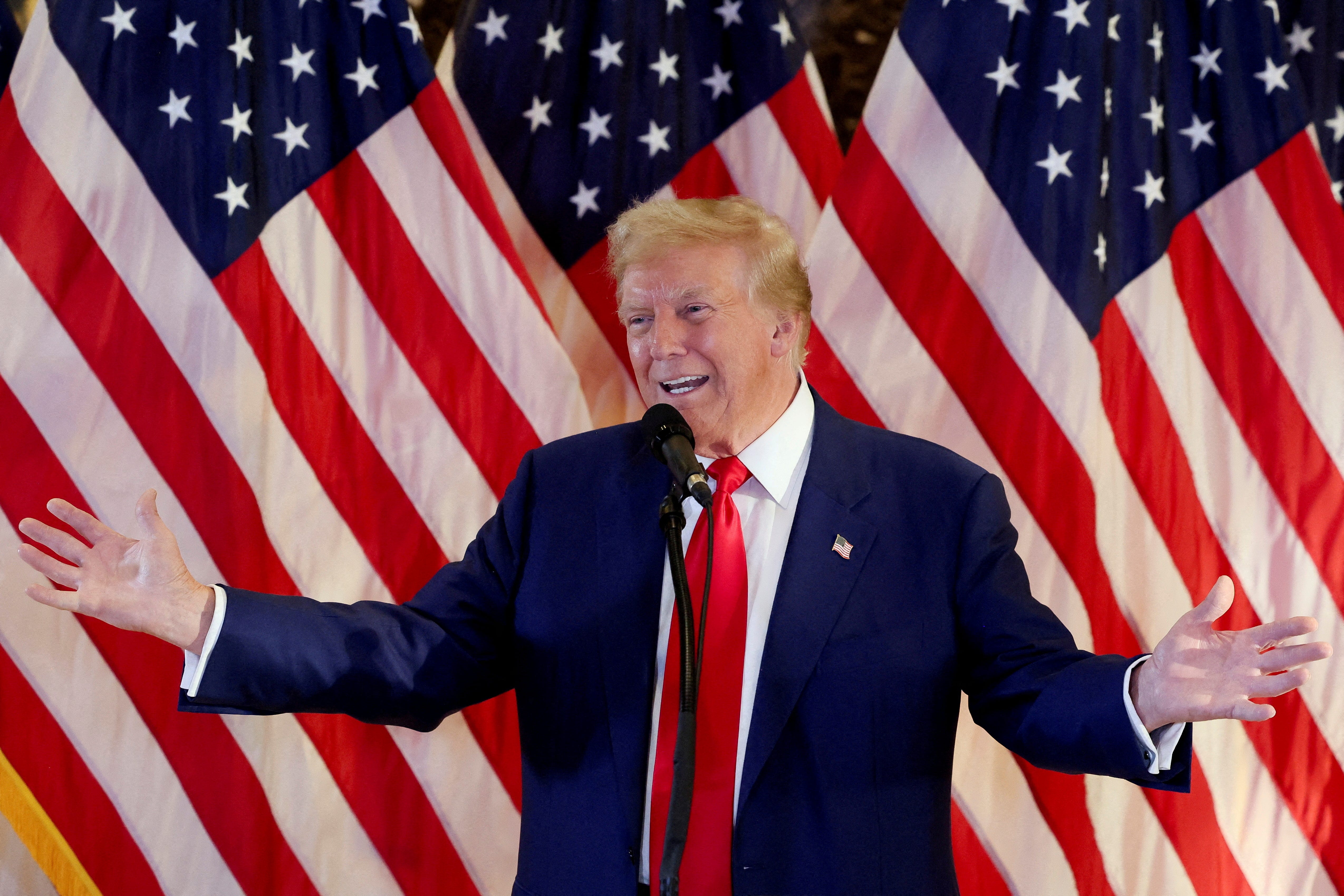 Republican presidential candidate and former U.S. President Donald Trump gestures during a press conference at Trump Tower in Manhattan, New York on May 31, 2024.