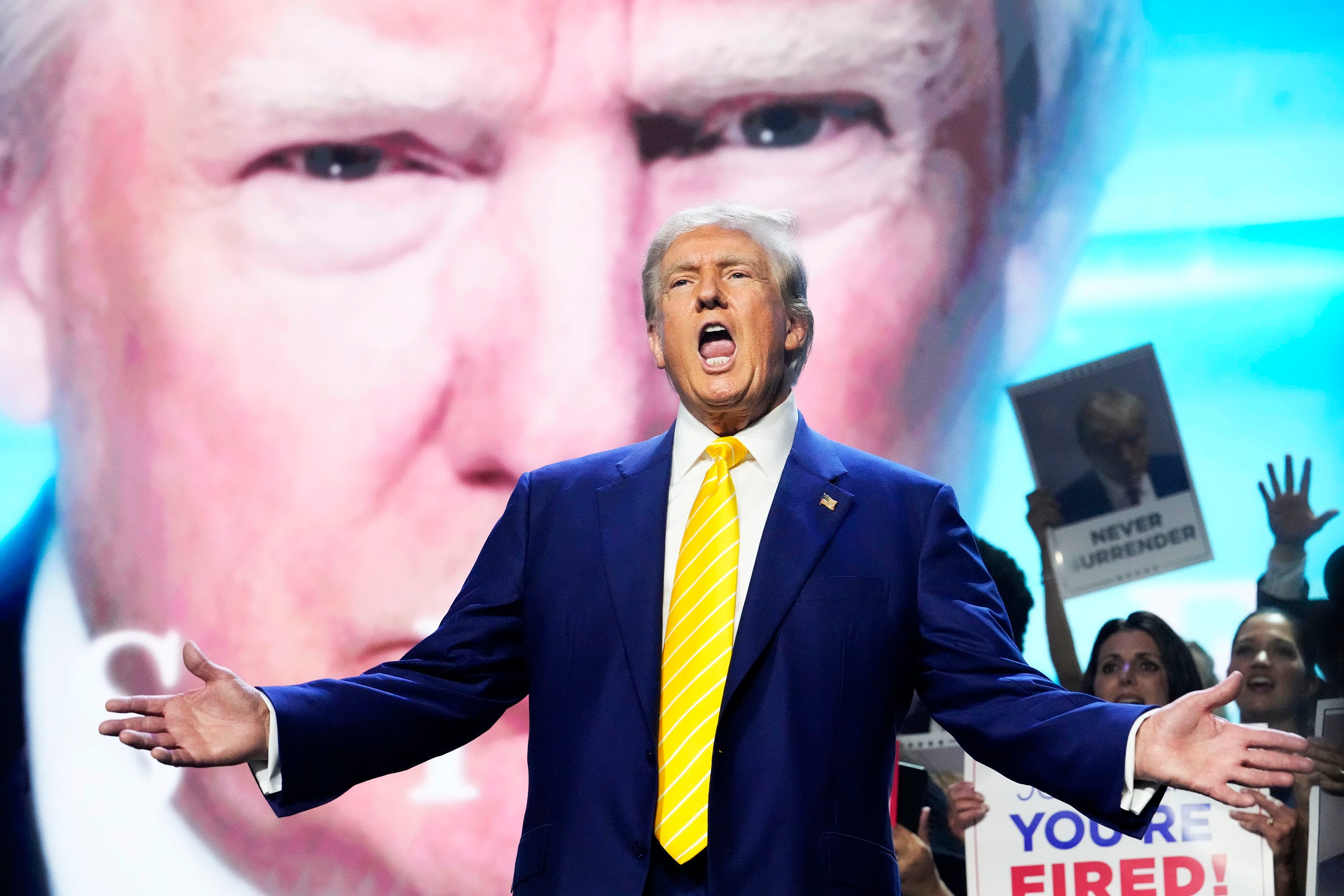 Former President Donald Trump makes an appearance at a town hall meeting hosted by the conservative group Turning Point Action at Dream City Church in Phoenix on June 6, 2024.