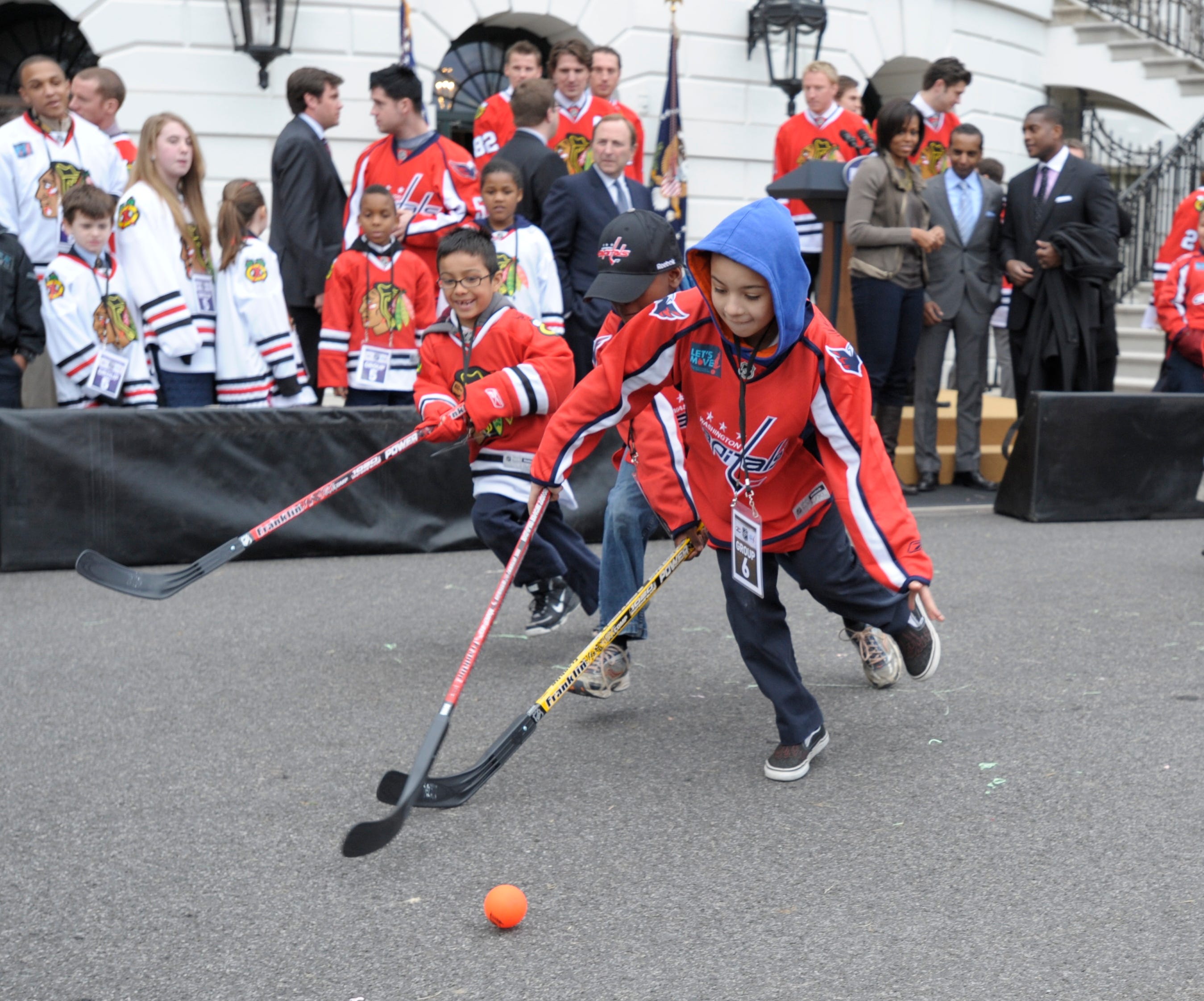 Children play a game of street hockey during a 2011 event at the White House.