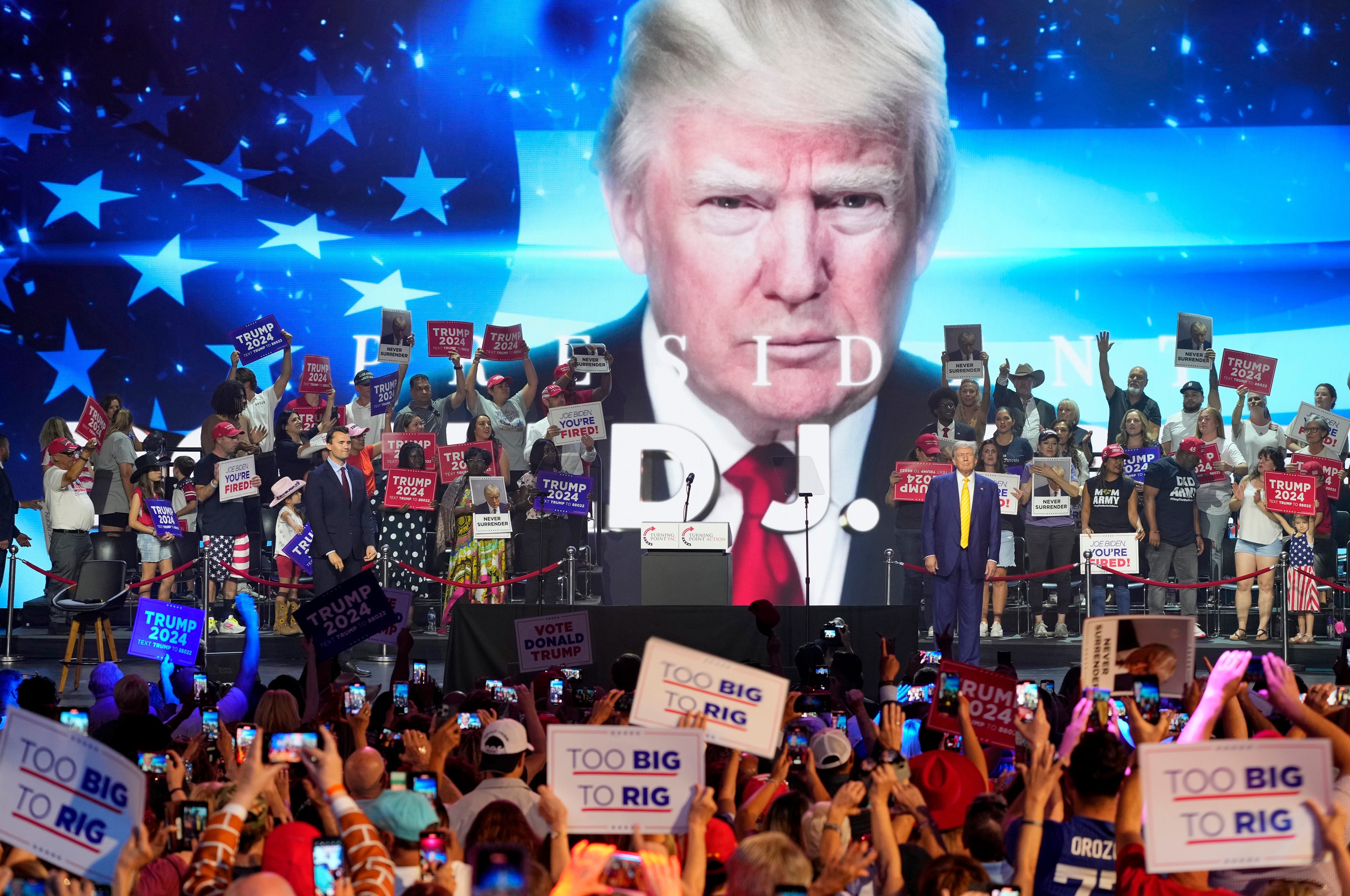 June 6, 2024; Phoenix, Ariz., U.S.; Former President Donald Trump speaks at Dream City Church in Phoenix hosted by the conservative group Turning Point Action. Mandatory Credit: Cheryl Evans-Arizona Republic