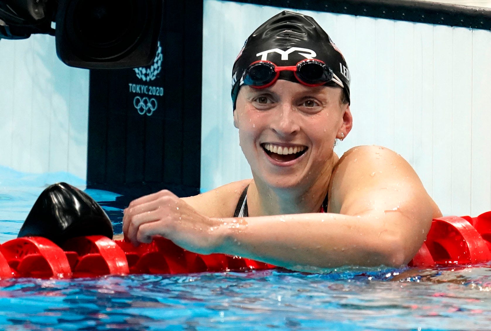 Katie Ledecky (USA) reacts after winning the women's 800 freestyle final during the Tokyo 2020 Olympic Summer Games.