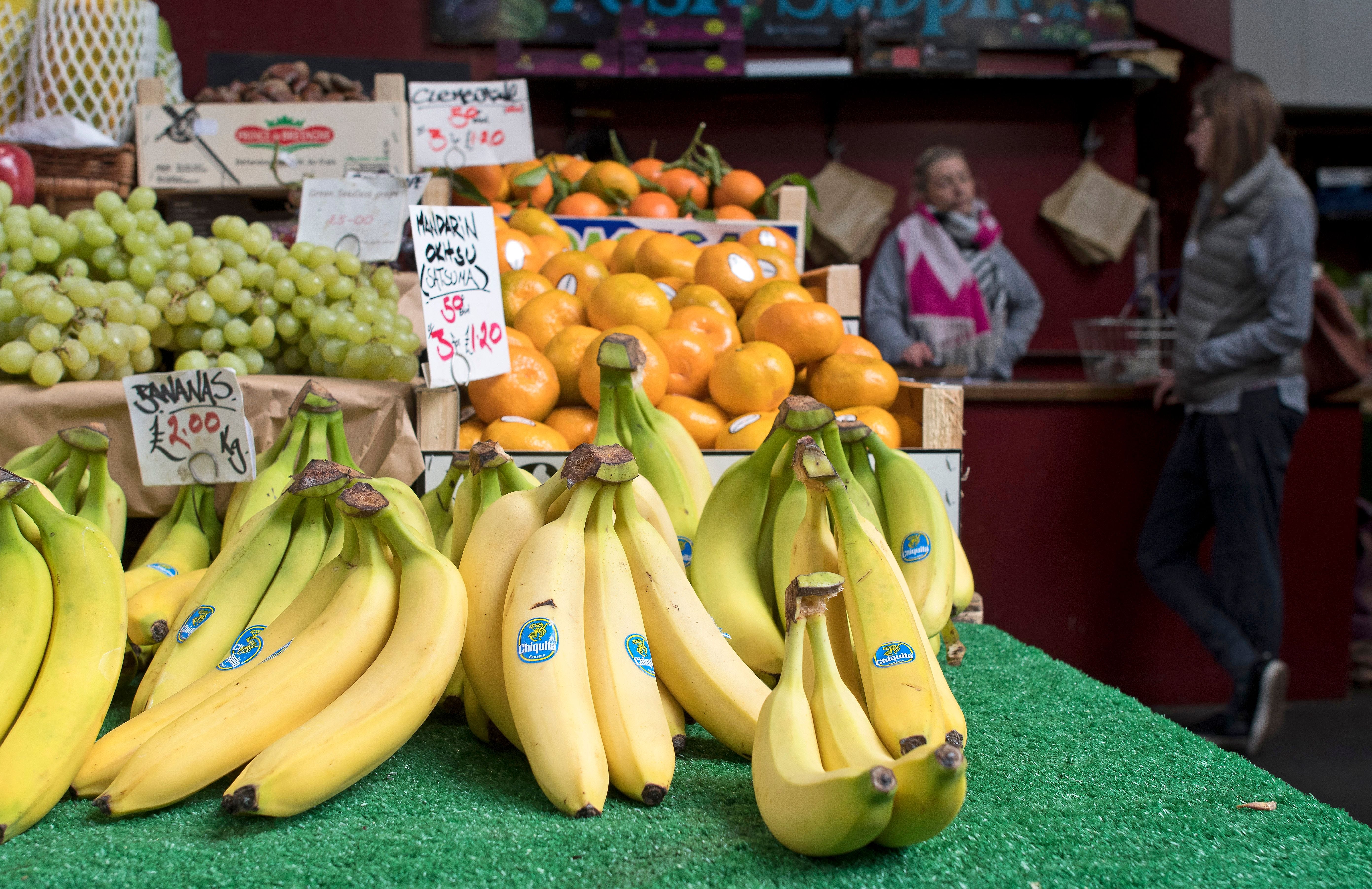 Chiquita-branded bananas are displayed for sale at a market stall in London.