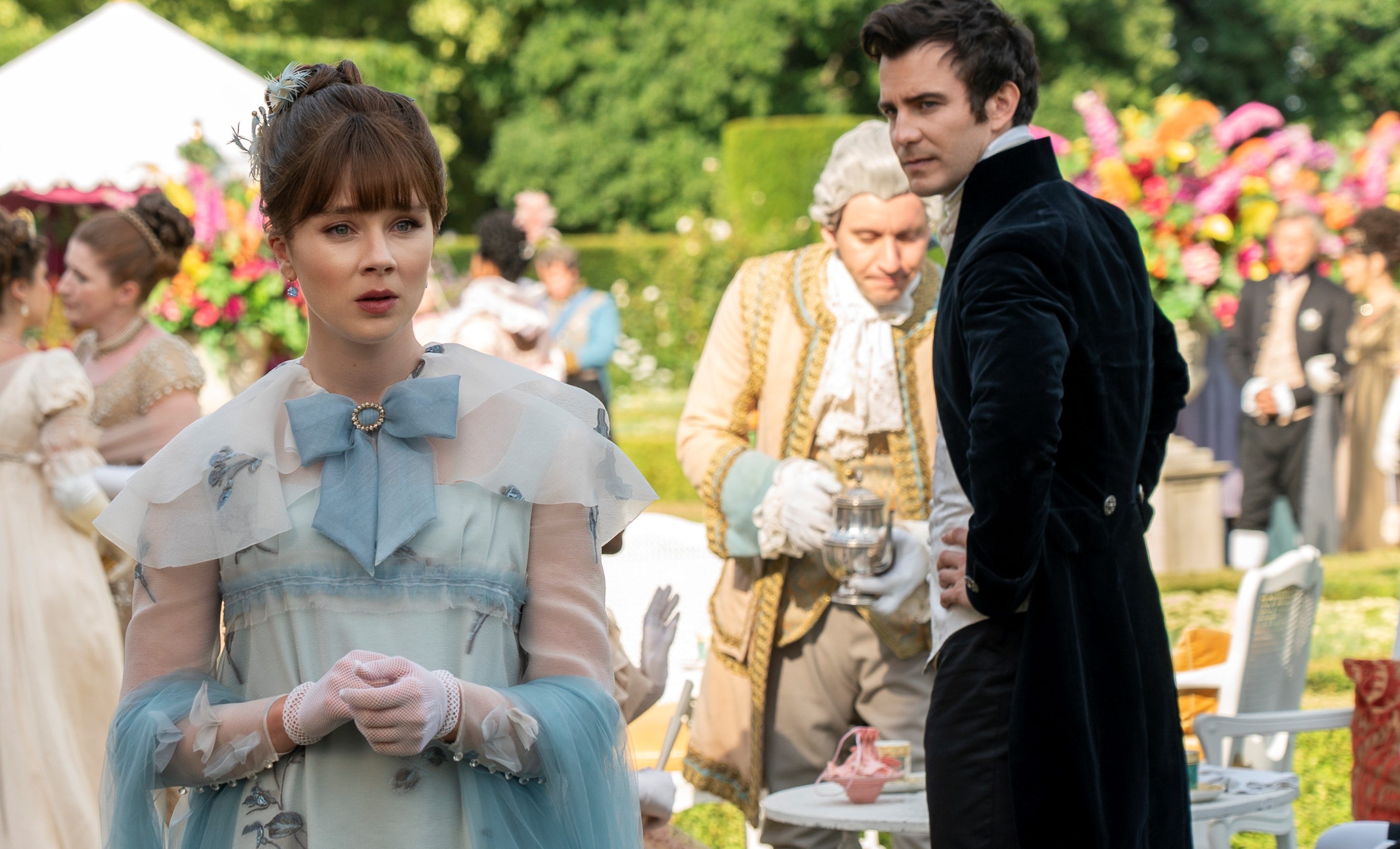 Claudia Jessie as Eloise Bridgerton and Luke Thompson as Benedict Bridgerton in Season 3 of "Bridgerton."