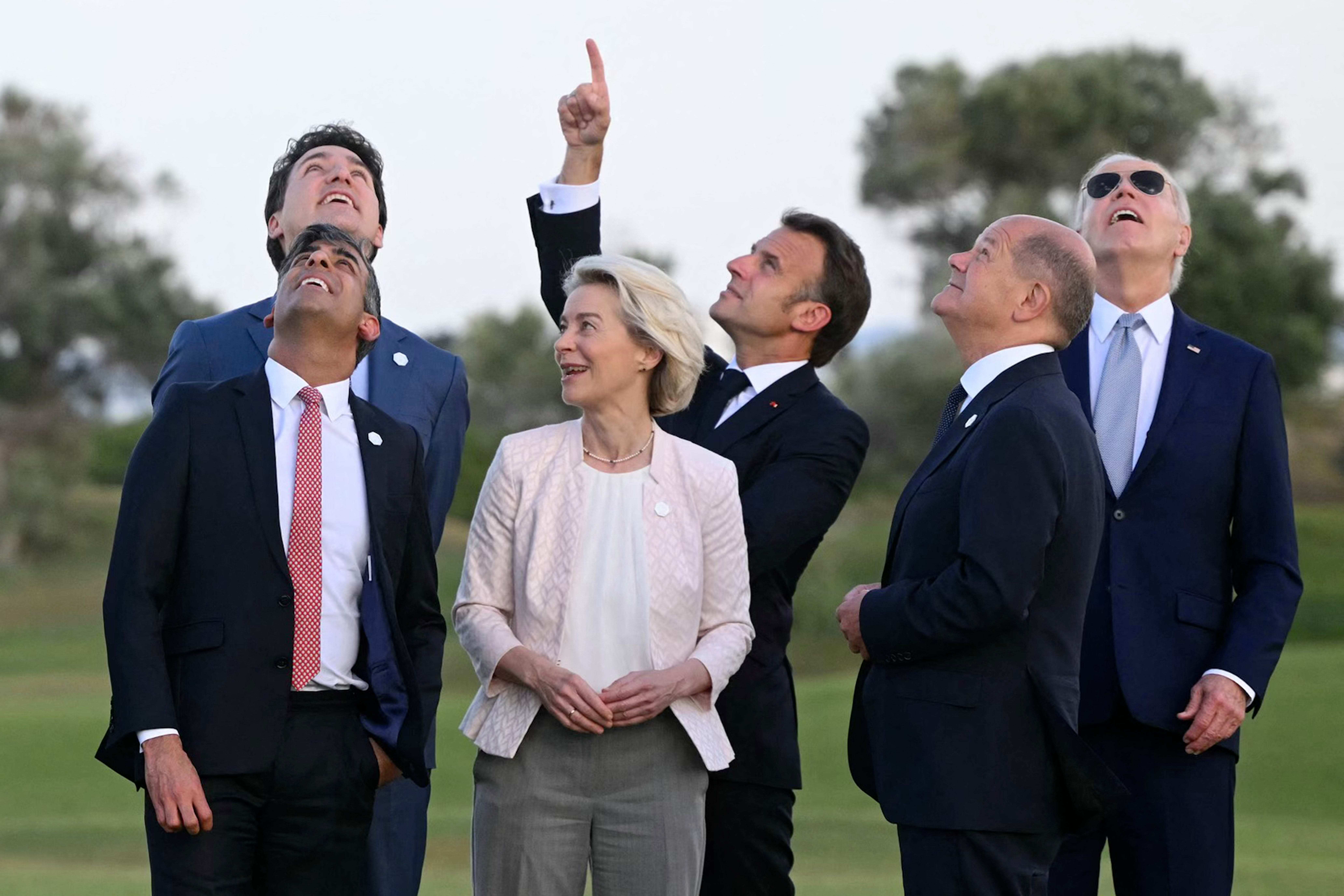 British Prime Minister Rishi Sunak, Canadian Prime Minister Justin Trudeau, President of the European Commission Ursula von der Leyen, French President Emmanuel Macron, German Chancellor Olaf Scholz and US President Joe Biden attend a skydiving demonstration at Borgo Egnazia Golf Club San Domenico during the G7 Summit hosted by Italy in Apulia region, on June 13, 2024 in Savelletri.