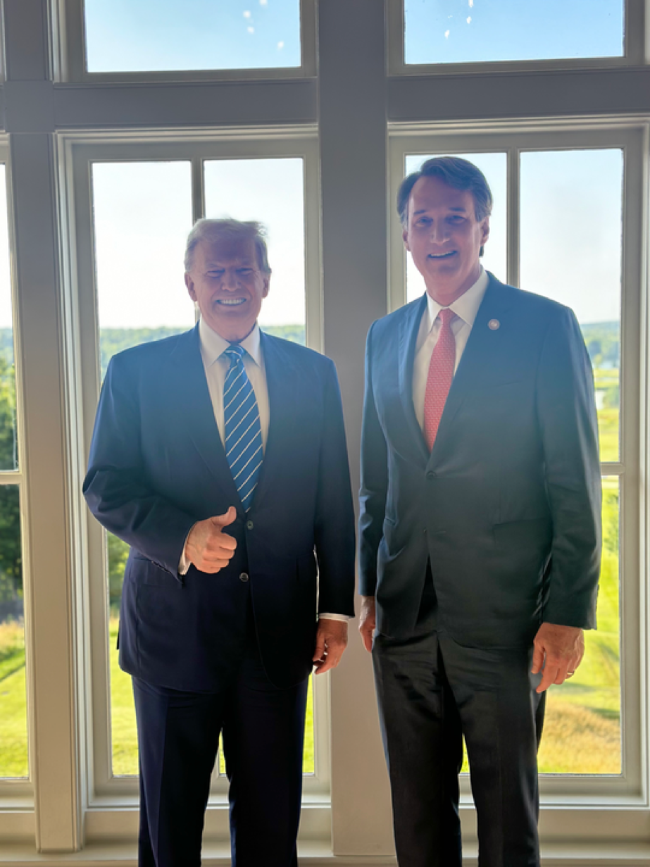 Presumptive 2024 Republican presidential nominee Donald Trump and Virginia Republican Gov. Glenn Youngkin met on Thursday, June 13, 2024, at Trump National Golf Club in Potomac Falls, Virginia.