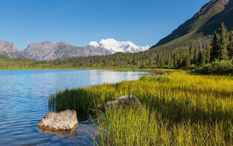 Mt. Blackburn stands in the distance, beyond Donoho Lake at Wrangell-St. Elias National Park and Preserve.