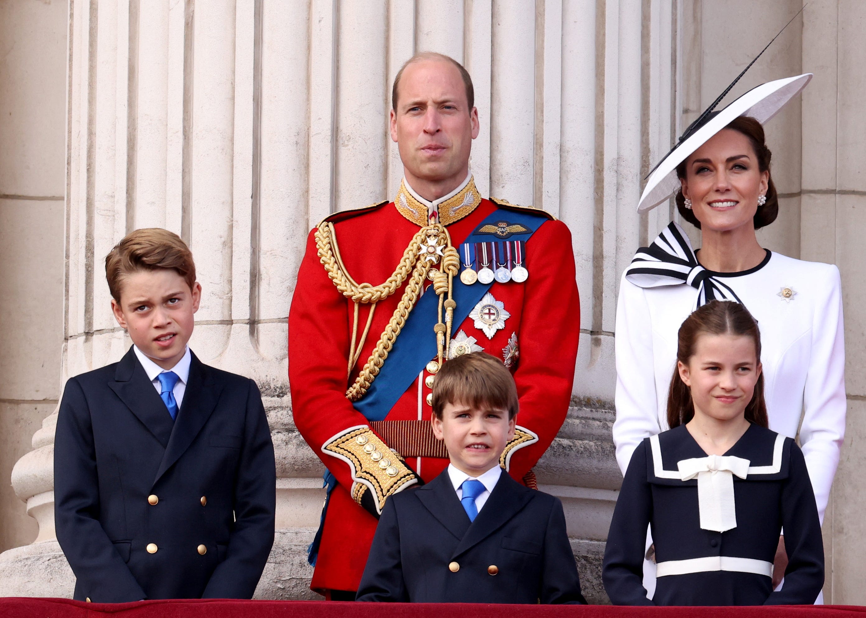 Britain's William, Prince of Wales, Catherine, Princess of Wales, Prince George, Princess Charlotte, Prince Louis appear on the balcony of Buckingham Palace as part of the Trooping the Colour parade to honour Britain's King Charles on his official birthday in London, Britain, June 15, 2024.