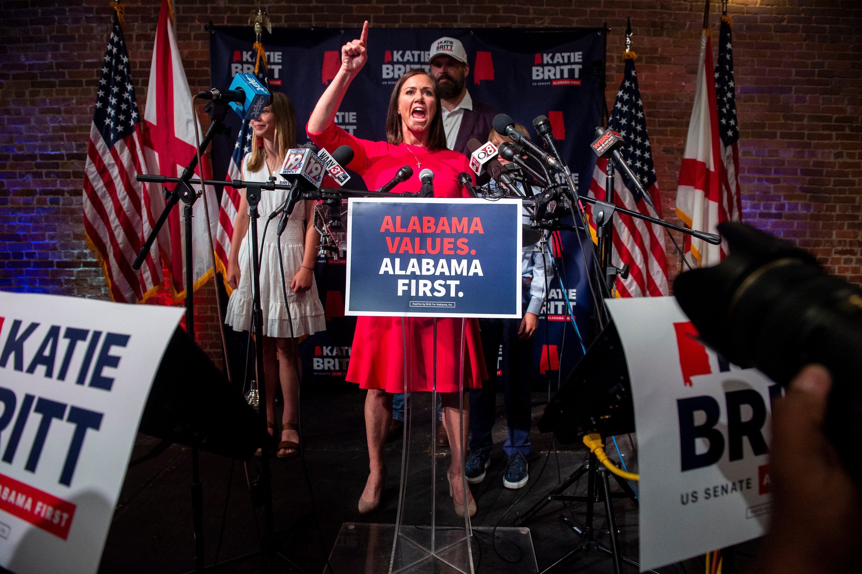 U.S. Senate candidate Katie Britt delivers her primary race victory speech during an election night party in Montgomery, Ala., on Tuesday, May 24, 2022.