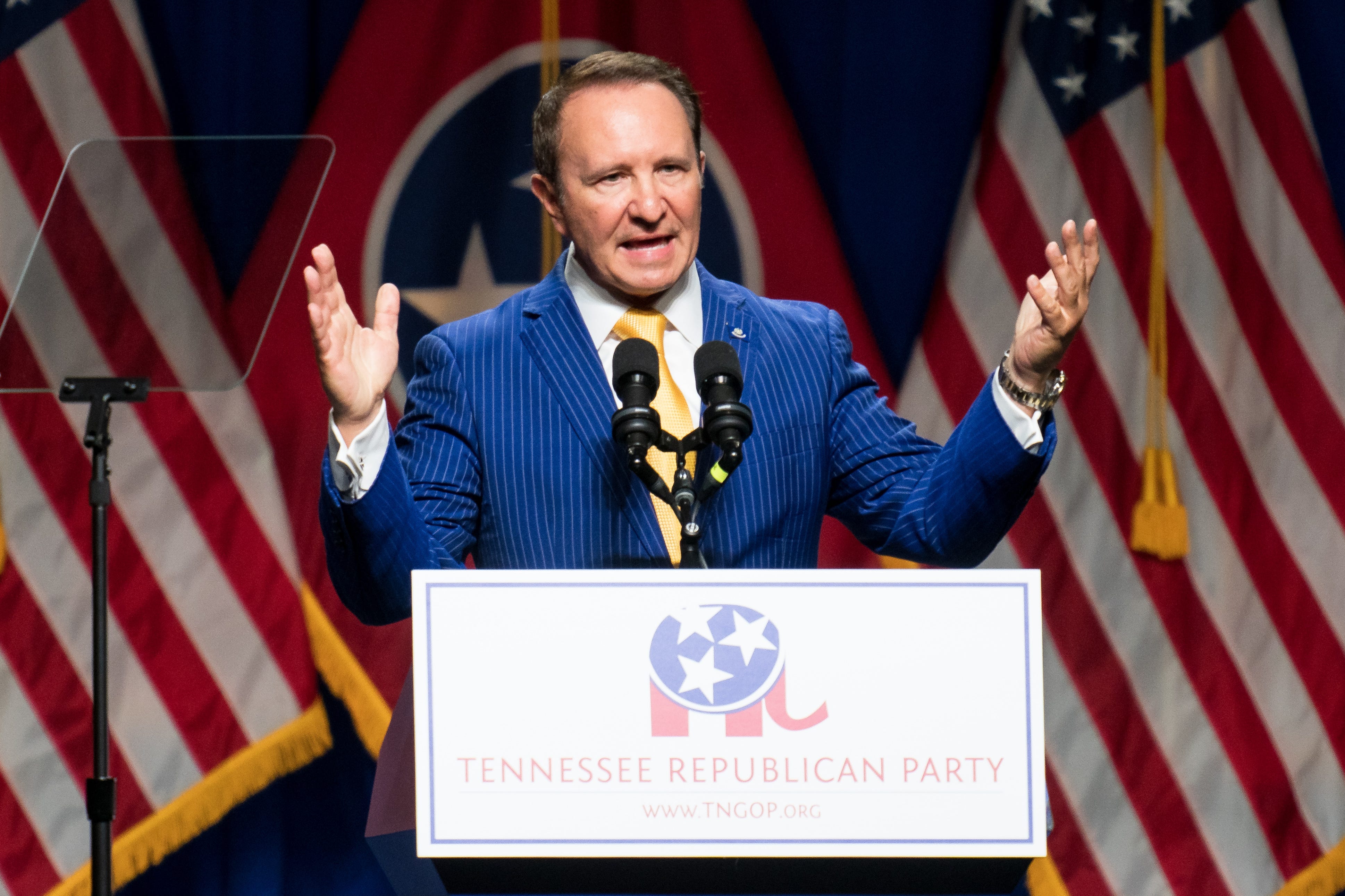 Louisiana Gov. Jeff Landry speaks during the Tennessee Republican Partyâ€™s Statesmenâ€™s Dinner at Music City Center in Nashville, Tenn., Saturday, June 15, 2024.