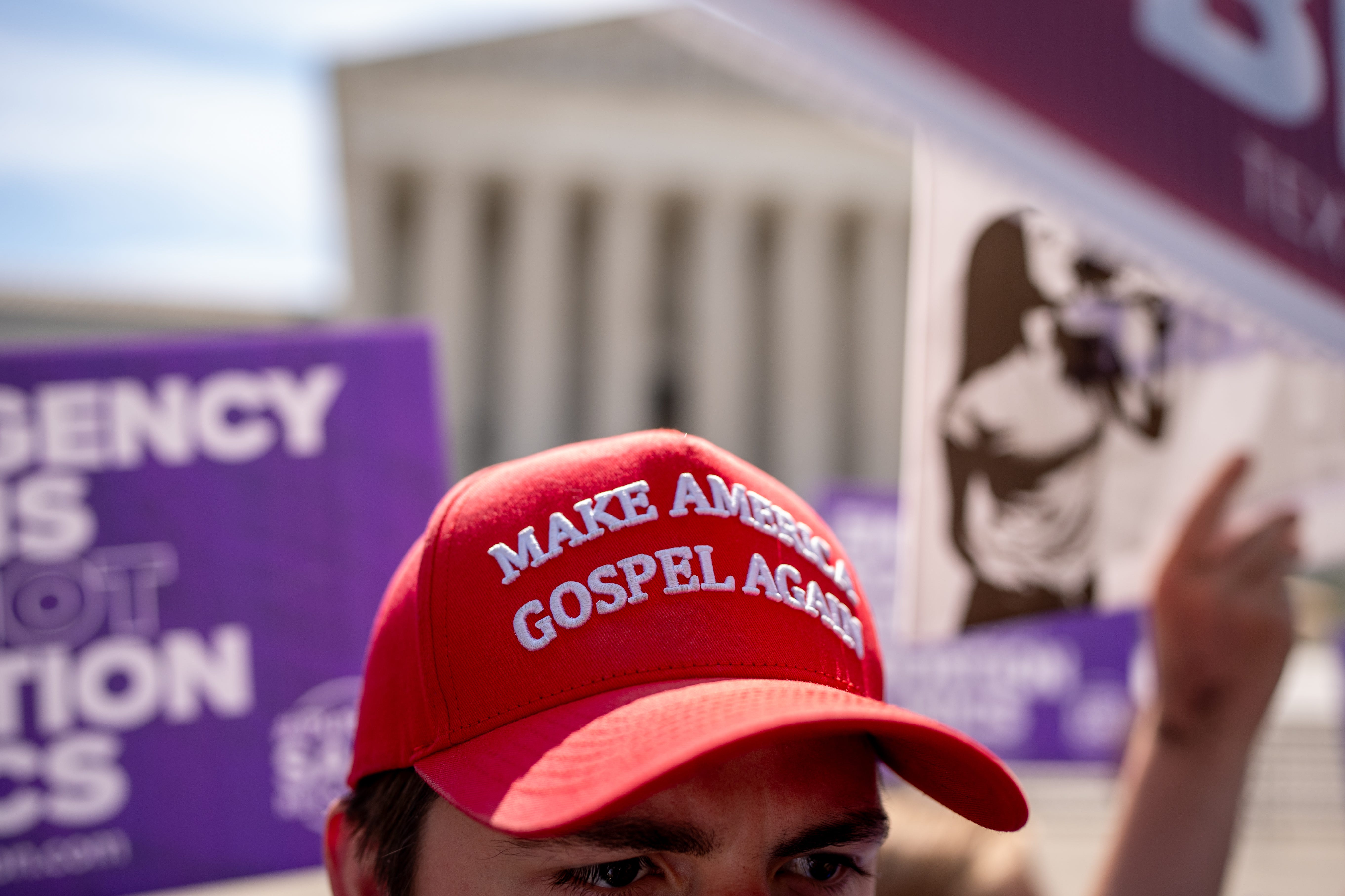 WASHINGTON, DC - JUNE 20: A man wears a hat that reads "Make America Gospel Again" as he joins a group of pro-life supporters in front of the Supreme Court on June 20, 2024 in Washington, DC. The Supreme Court issued four rulings today including upholding a tax on foreign income, but has not yet announced rulings on a variety of high profile cases dealing with abortion rights, gun rights, and former President Donald Trump's immunity claim. (Photo by Andrew   Harnik/Getty Images)