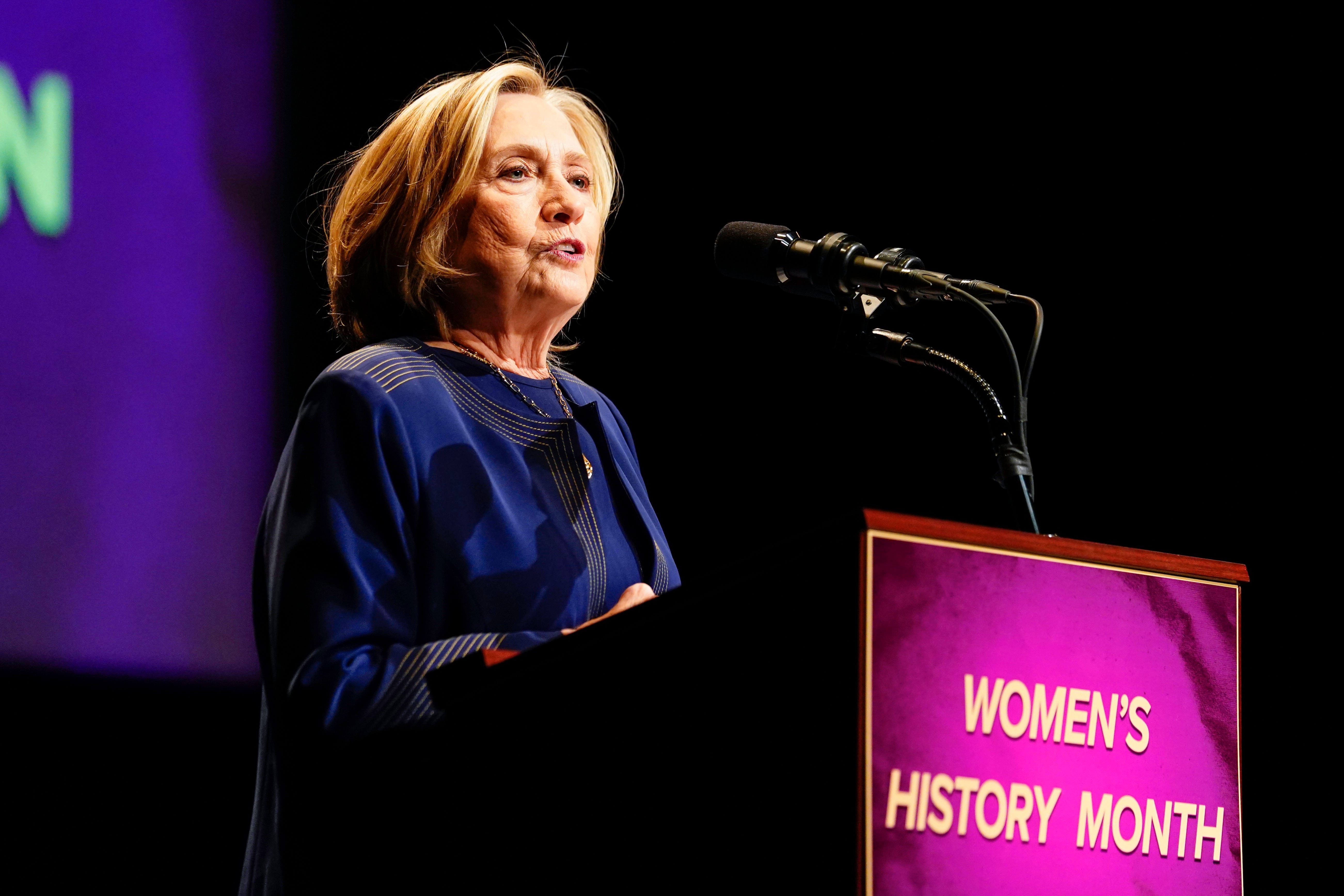 Former Secretary of State Hillary Clinton delivers the keynote address at the 12th annual Evangelina Menendez Women's History Month celebration at Montclair State University on Sunday, March 26, 2023.