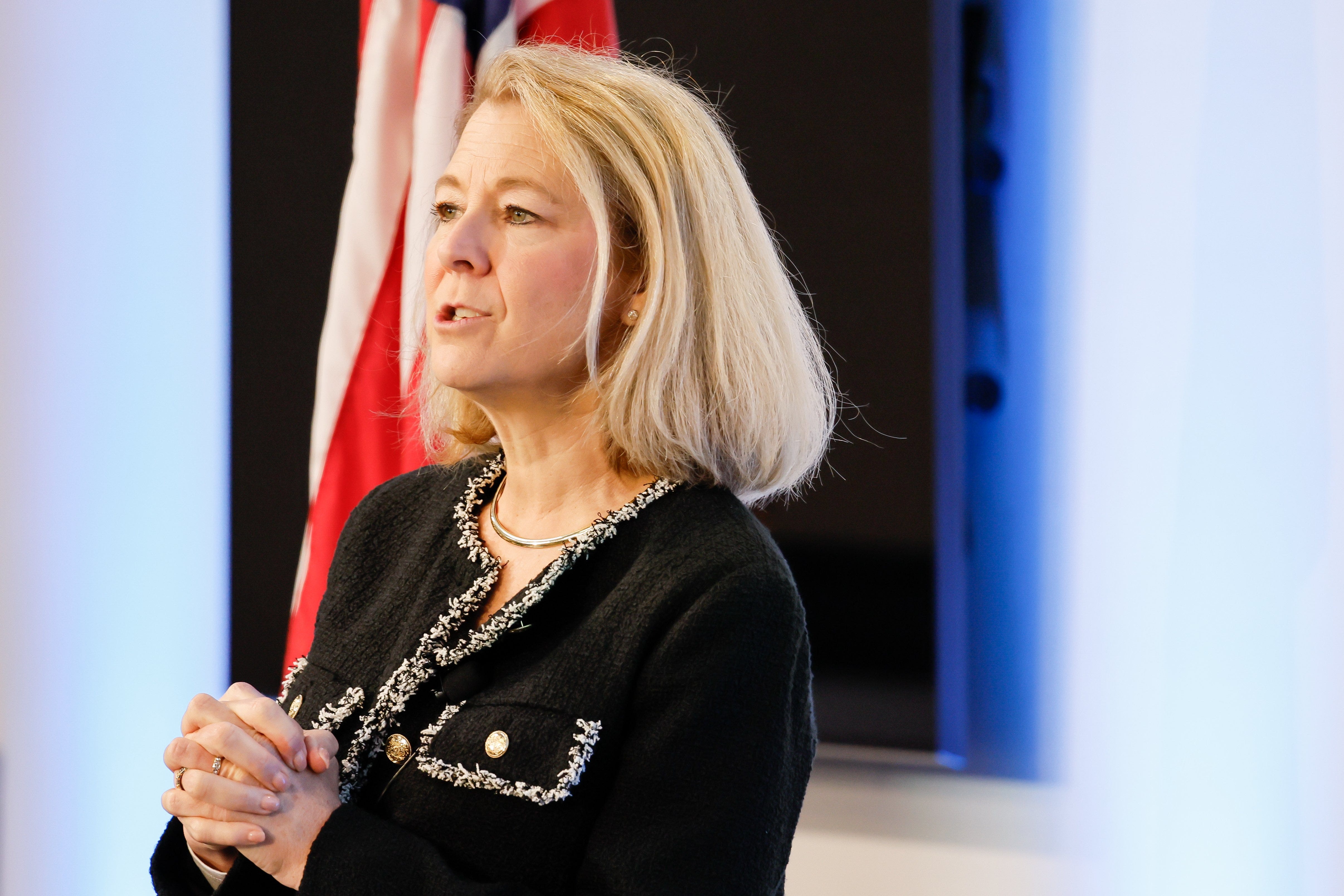 Elizabeth Lund, Senior Vice President, Quality at Boeing, speaks to gathered media at the Boeing 737 factory on June 25, 2024, in Renton, Washington.