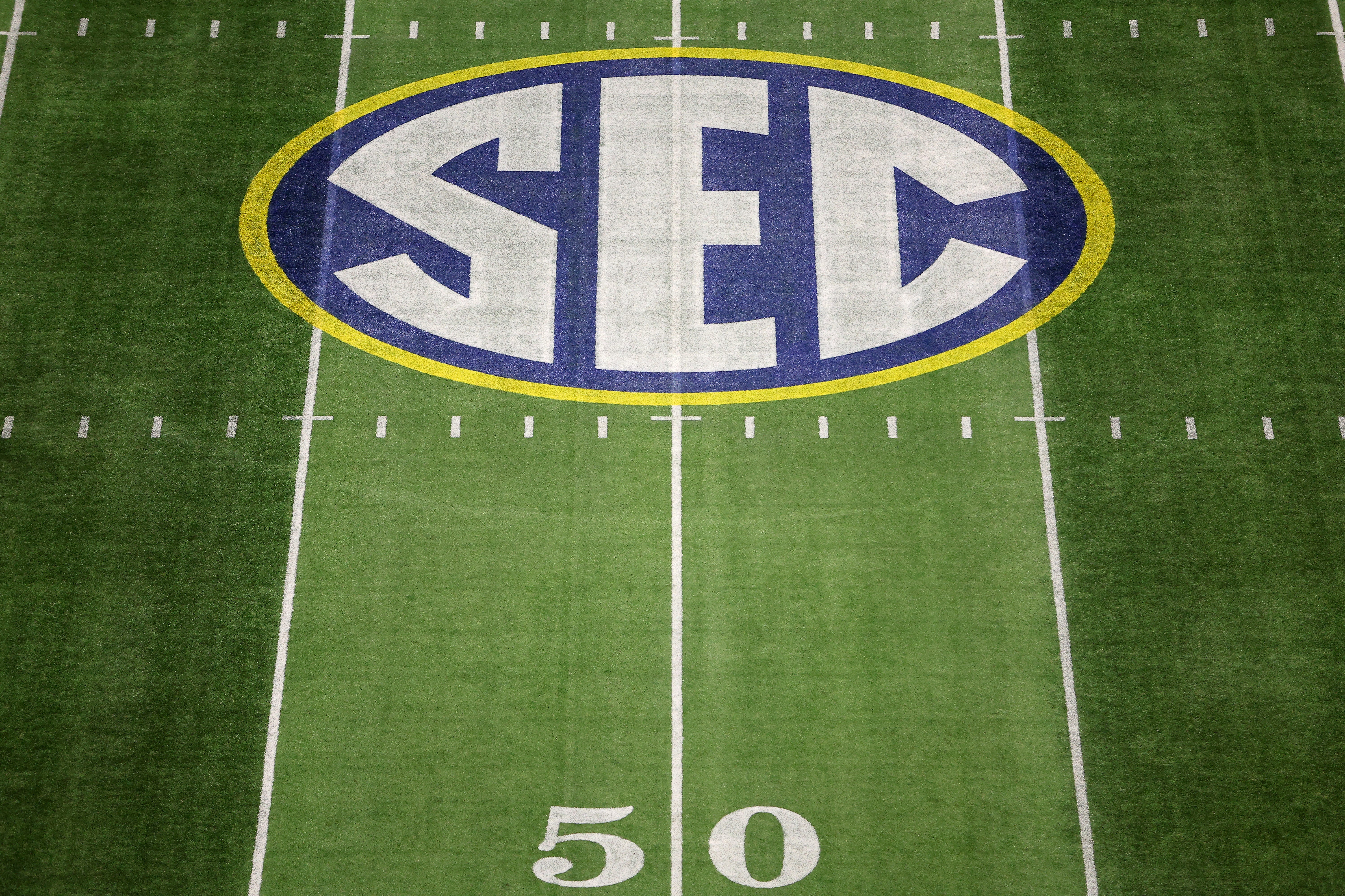 A detailed view of the SEC logo on the field prior to the SEC Championship game between the Alabama Crimson Tide and the Georgia Bulldogs at Mercedes-Benz Stadium on December 02, 2023 in Atlanta, Georgia.
