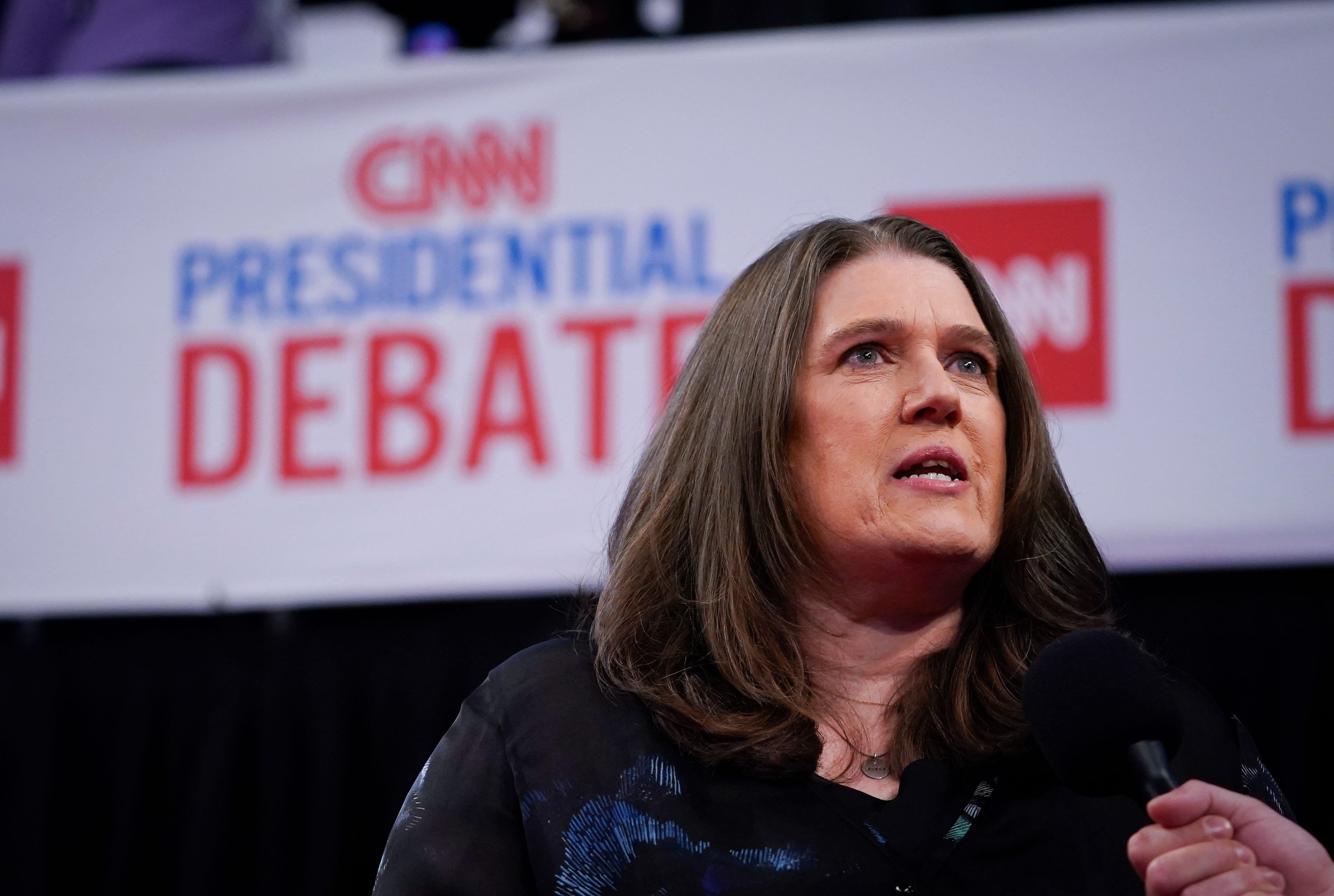 Mary Trump, the niece of former President Trump, talking to media at Georgia Tech's McCamish Pavilion Spin Room prior to the CNN Presidential Debate between President Joe Biden and former President Donald Trump held at CNN's studios in Atlanta.