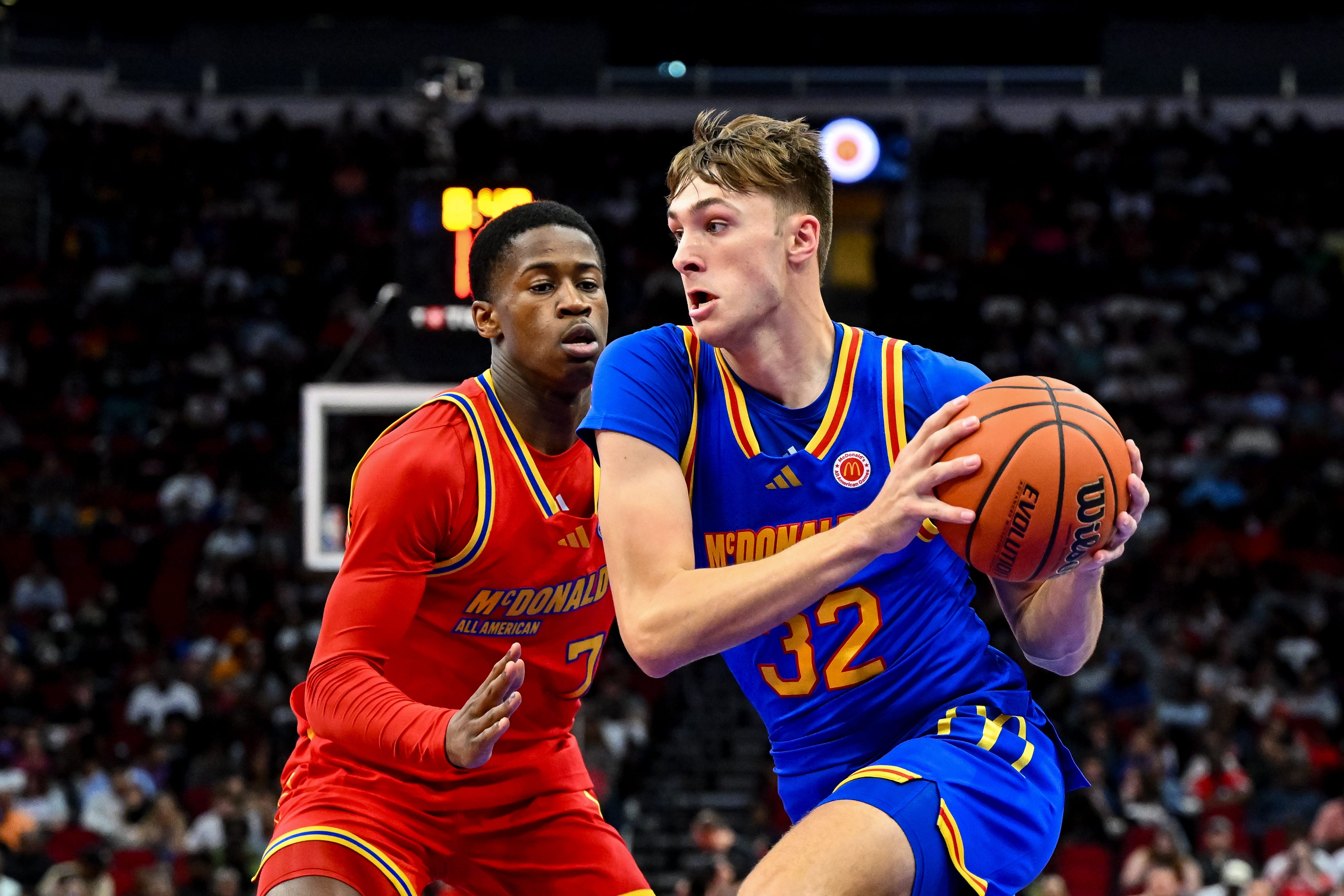 Cooper Flagg drives against V.J. Edgecombe during the McDonald's All American Game.