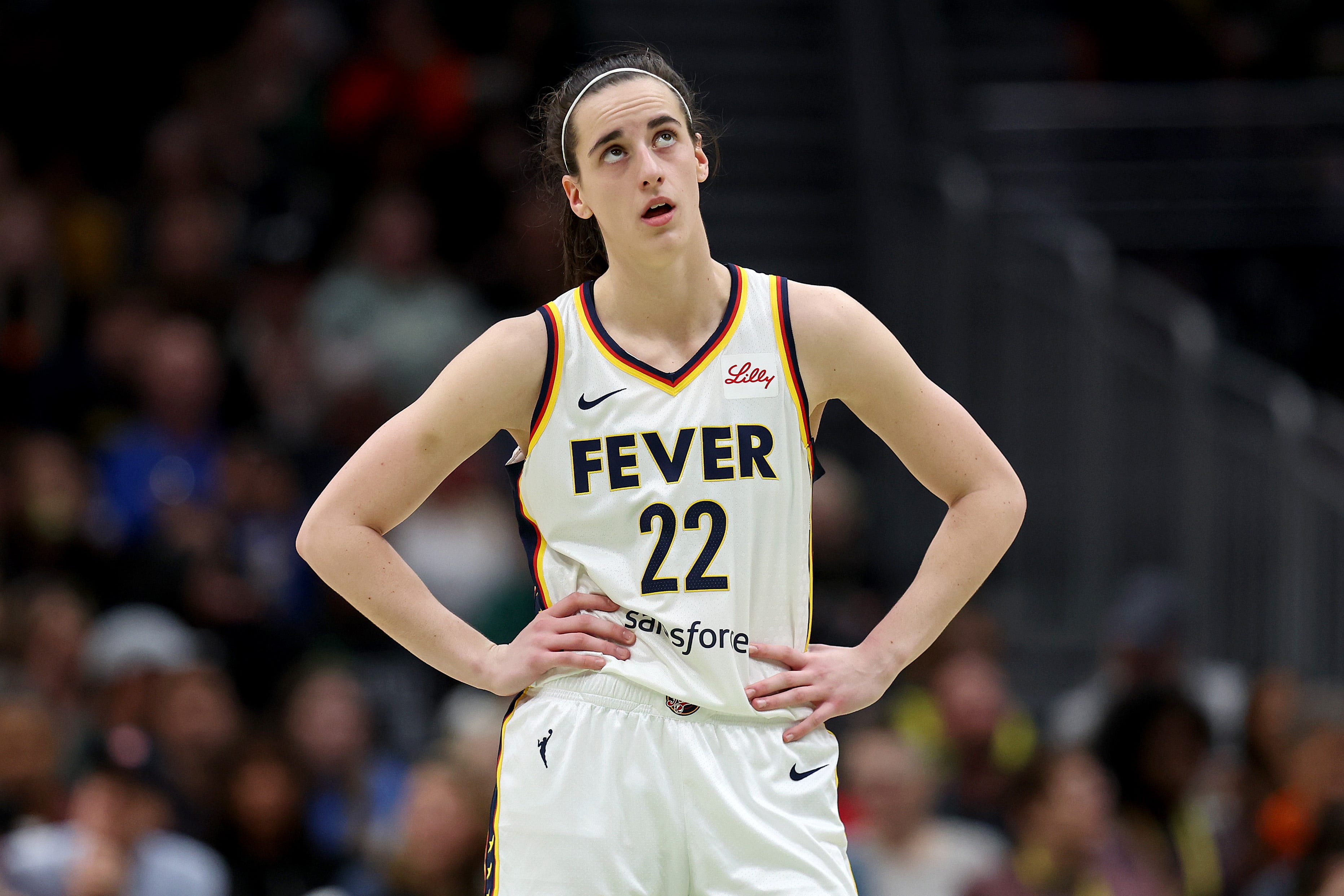 Caitlin Clark reacts during the fourth quarter of the Indiana Fever's loss against the Seattle Storm.