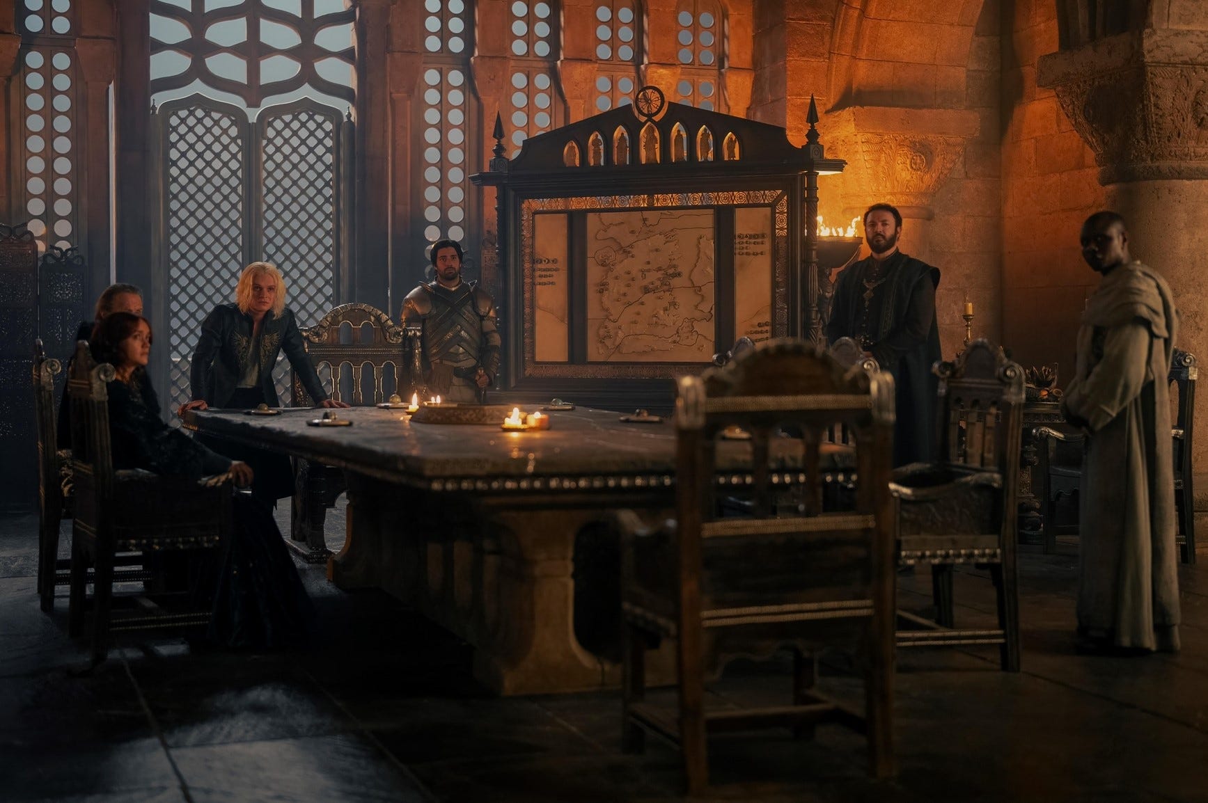 Olivia Cooke, Rhys Ifans, Tom Glynn-Carney, Fabien Frankel, Paul Kennedy and Kurt Egyiawan in Season 2 of "House of the Dragon".
