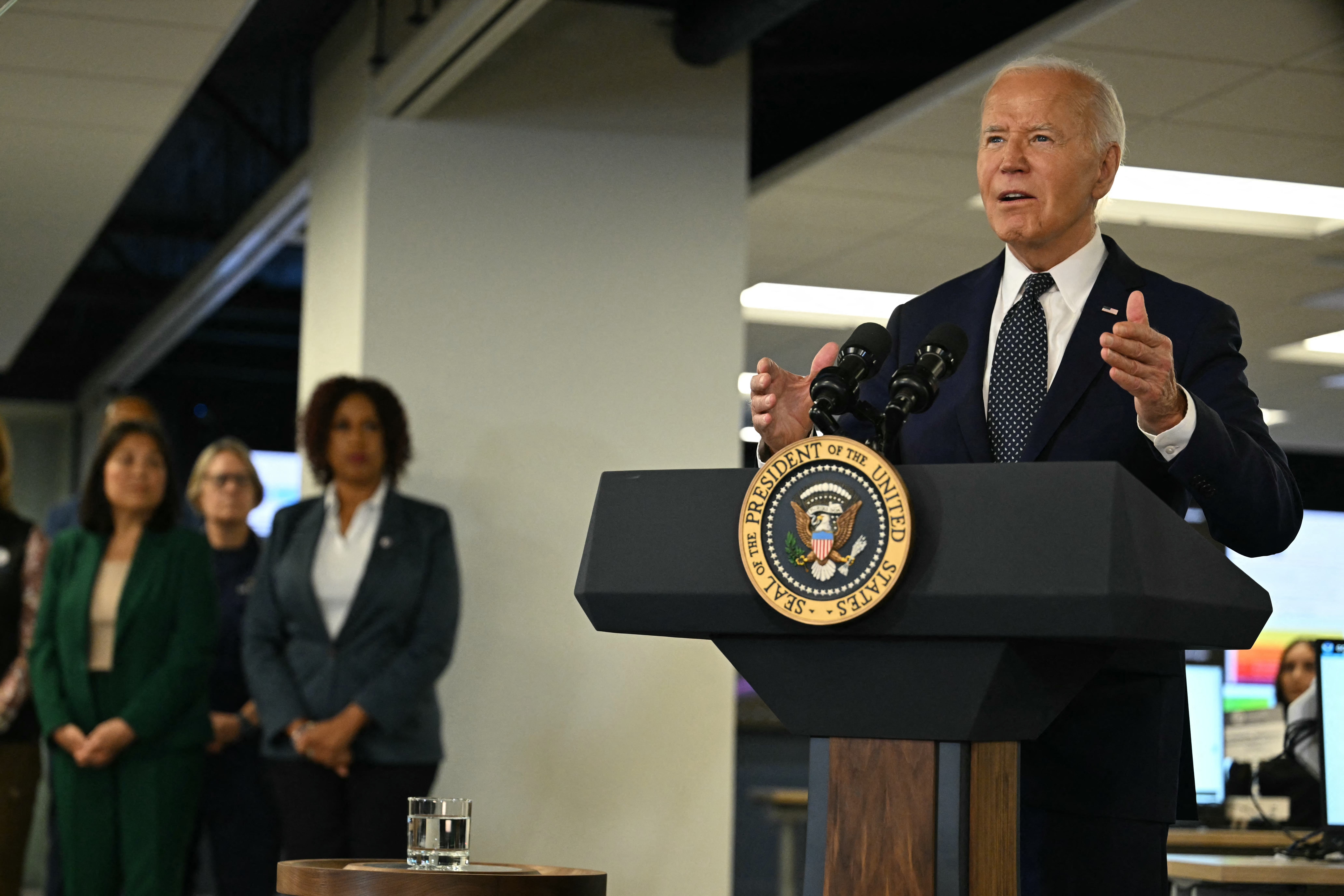 US President Joe Biden speaks about extreme weather at the DC Emergency Operations Center in Washington, DC, July 2, 2024. (Photo by Jim WATSON / AFP) (Photo by JIM WATSON/AFP via Getty Images)