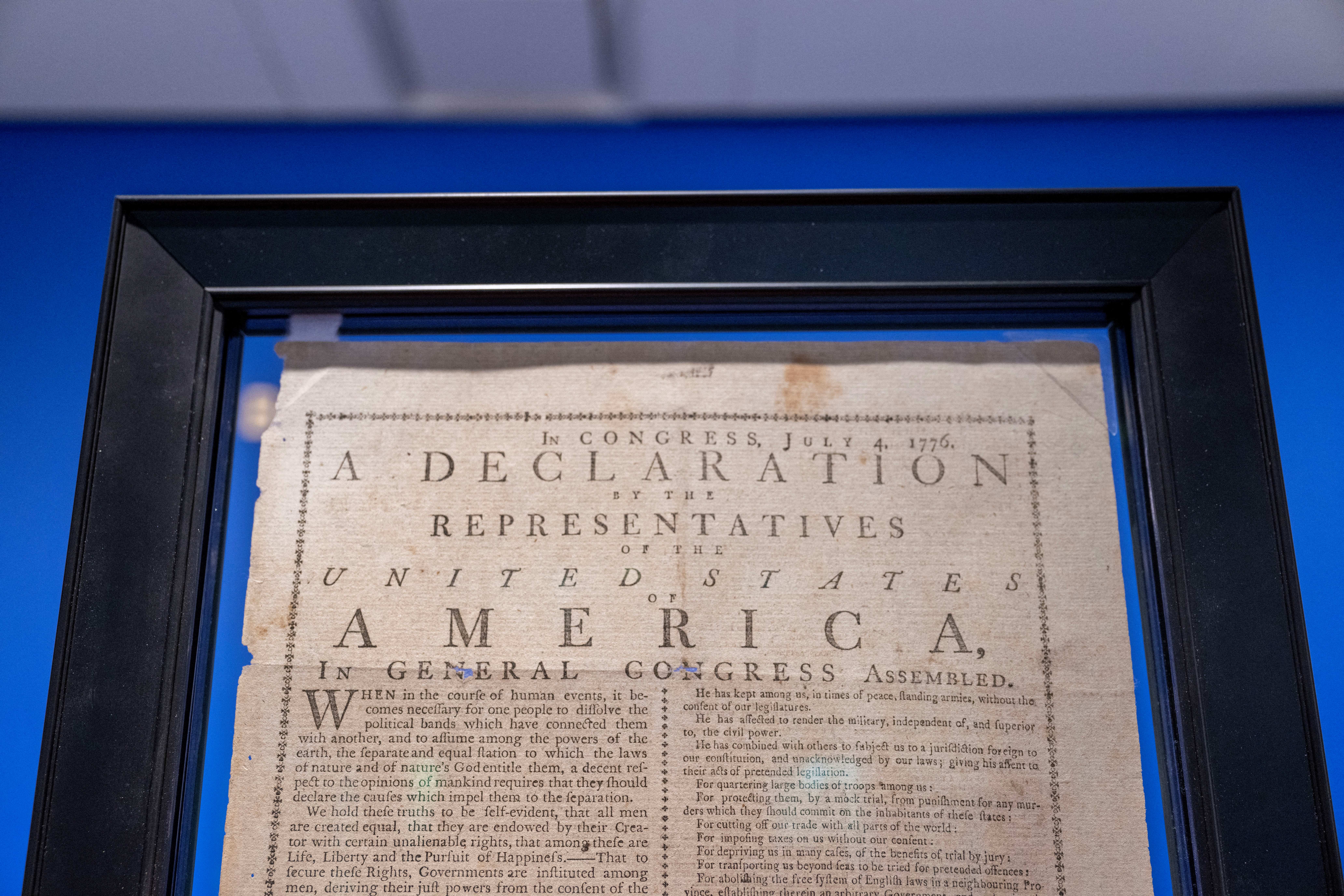 The US Declaration of Independence is on display at Sotheby's in New York on June 25, 2024. The document is expected to fetch between $2.5 million to $5 million. (Photo by ANGELA WEISS / AFP) (Photo by ANGELA WEISS/AFP via Getty Images) ORIG FILE ID: 2158677132