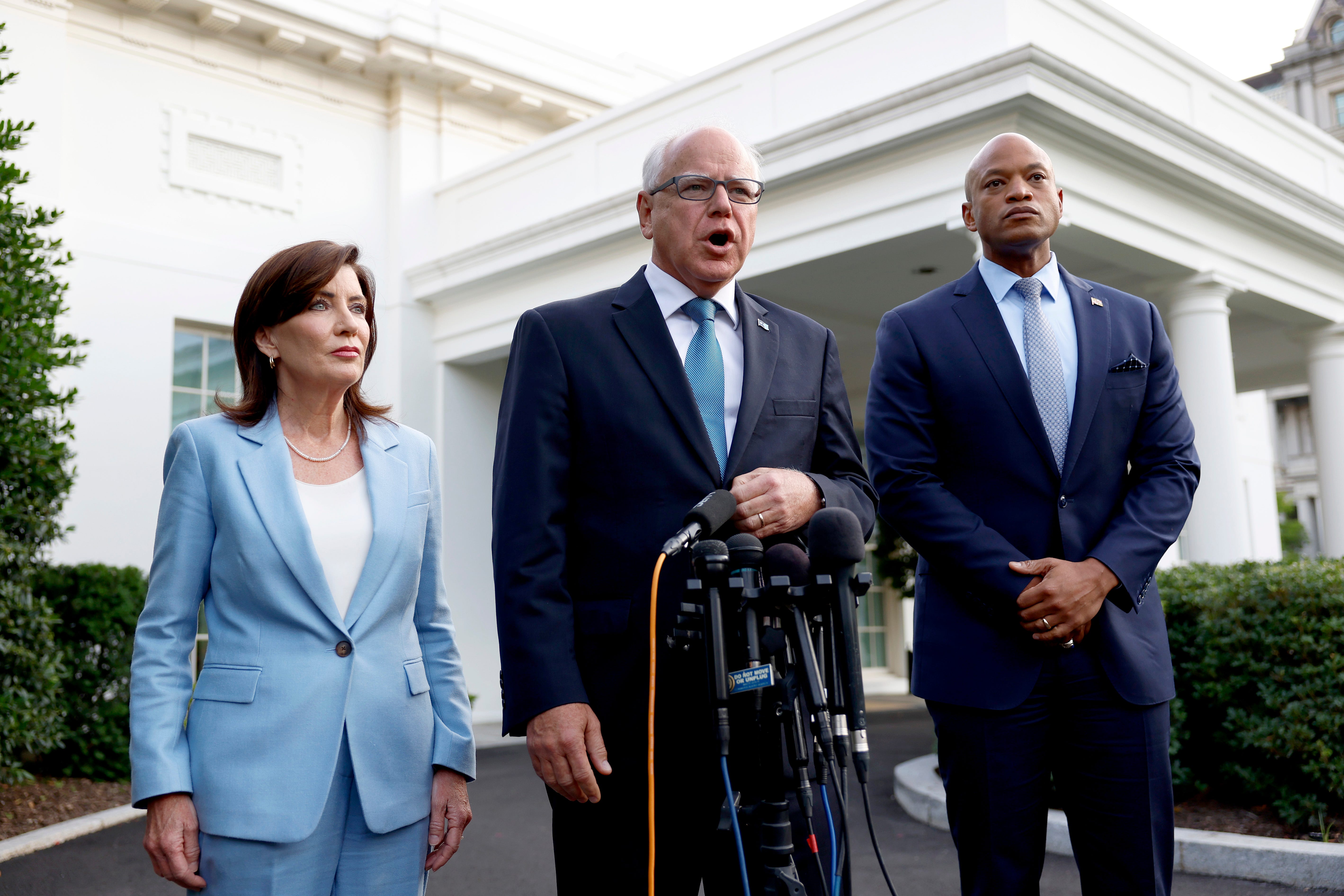 Governors Kathy Hochul of New York, Tim Walz of Minnesota and Wes Moore of Maryland speak to reporters after a meeting with U.S. President Joe Biden at the White House on July 03, 2024 in Washington, DC.