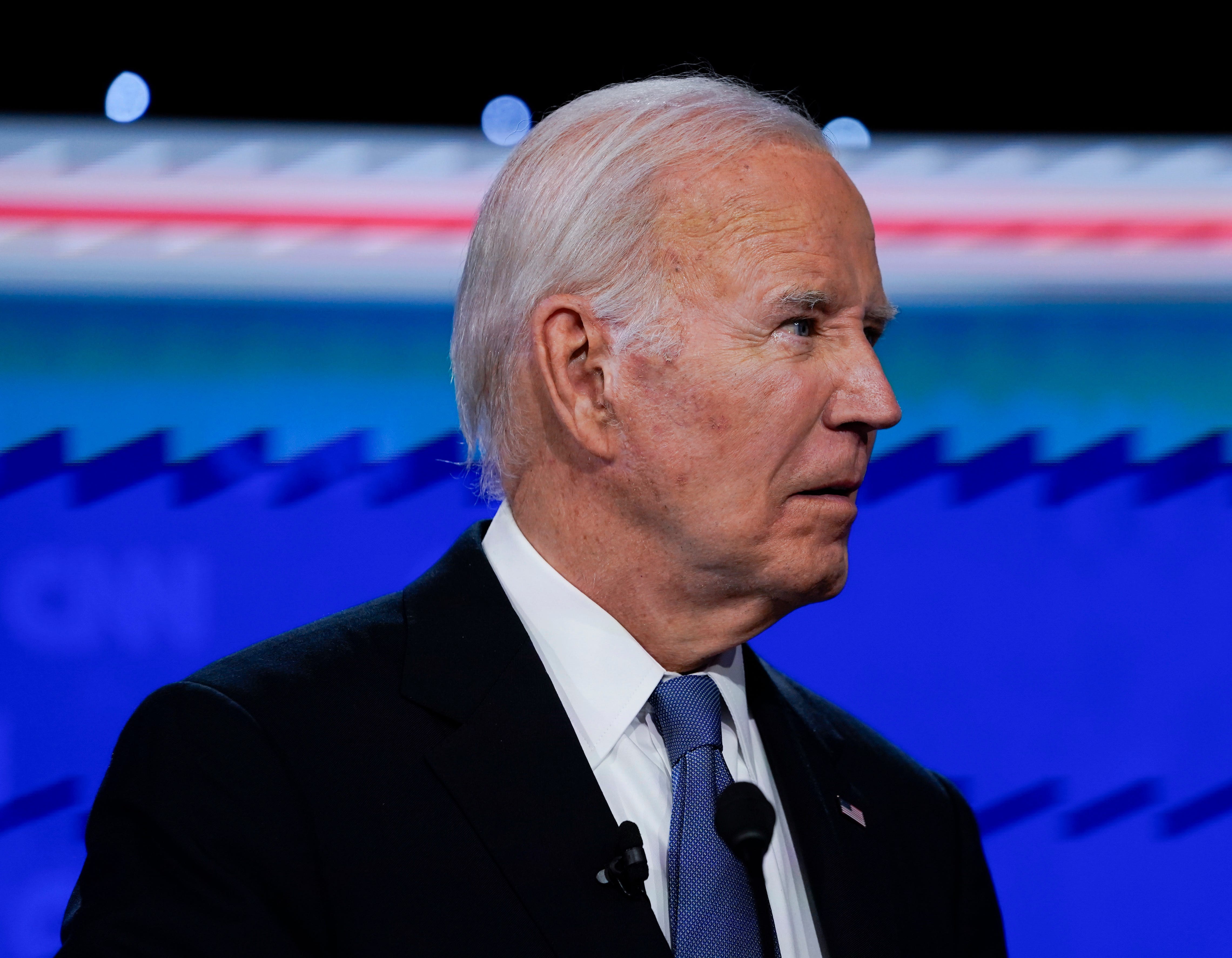 Jun 27, 2024; Atlanta, GA, USA; President Joe Biden during the debate at CNN's studios in Atlanta. CNN Anchors Jake Tapper and Dana Bash are moderators of the debate. Mandatory Credit: Jack Gruber-USA TODAY